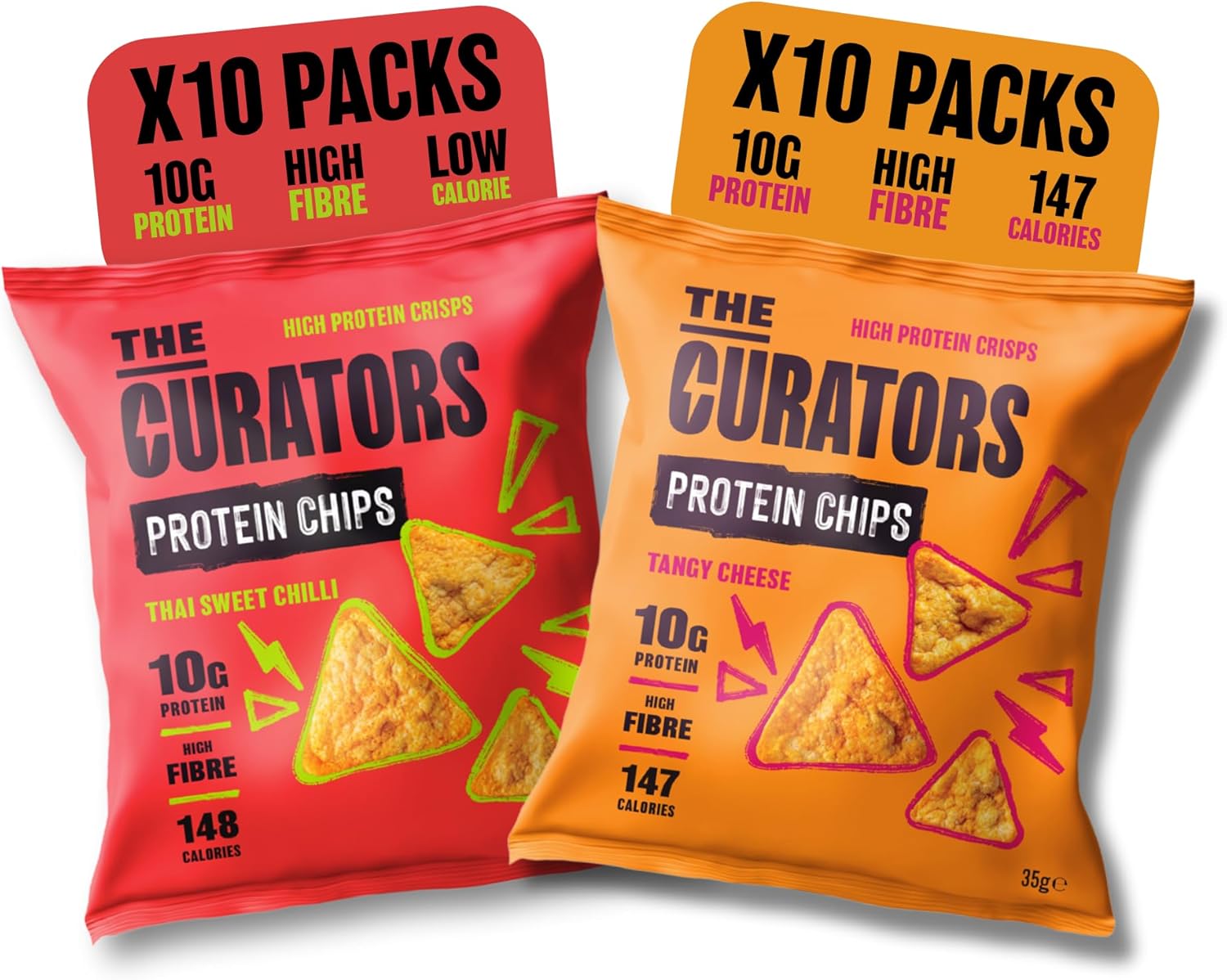 THE CURATORS Protein Chips, Tangy Cheese & Thai Sweet Chilli, 35g (20 Packs), 10g Protein, High Fibre, 147 Calories, Gluten Free, Veggie, Lentil & Soy Crisps.