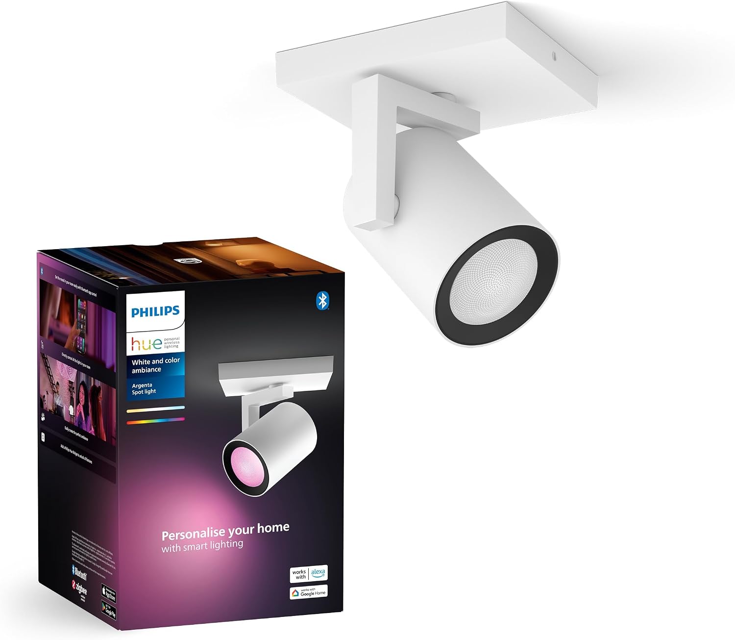 Philips Hue White & Color Ambiance Argenta Ceiling lamp with Single Spotlight, dimmable LED spotlights for Hue System with 16 Million Colours, Intelligent Light Control via Voice and app, White