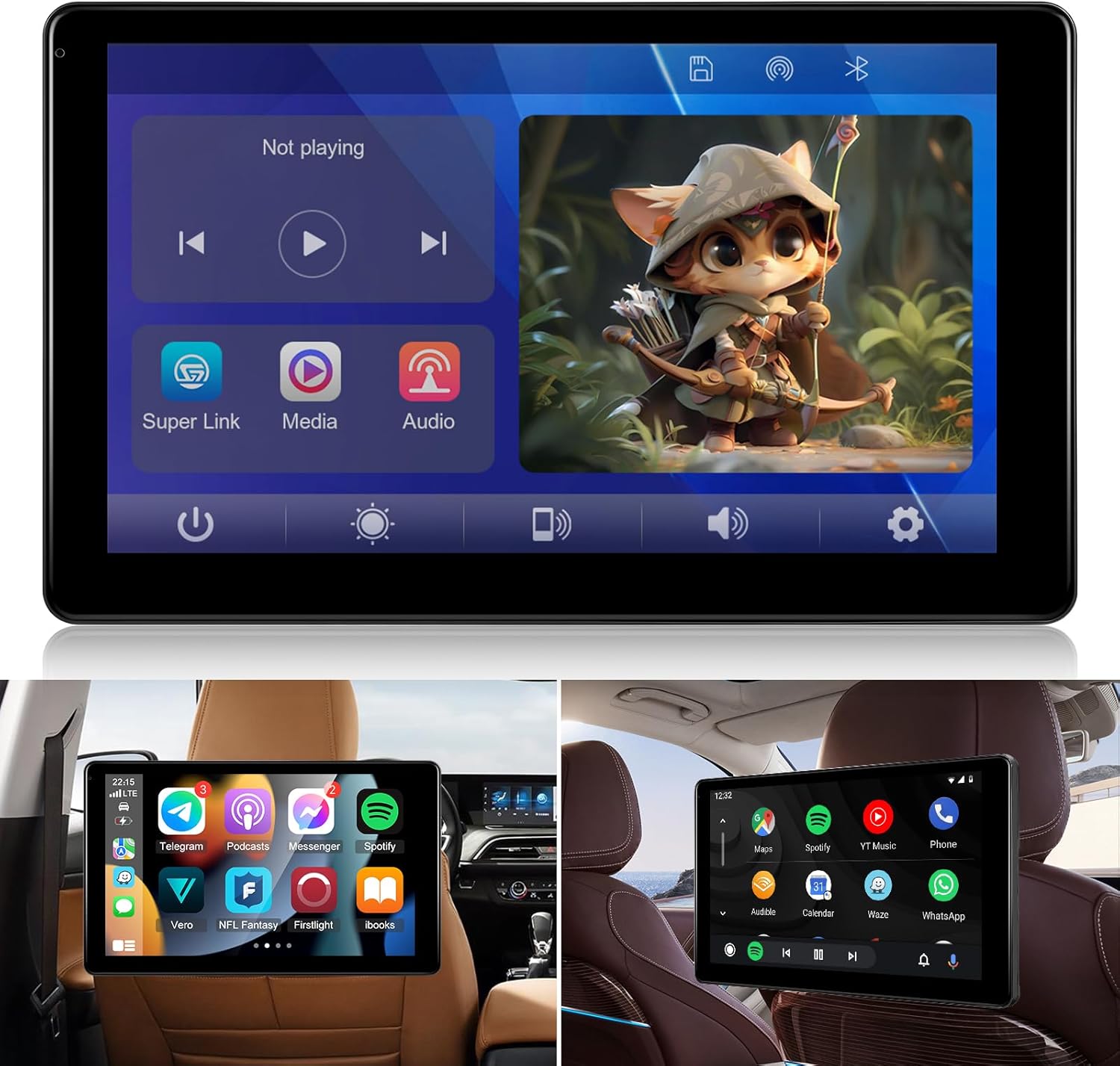NHOPEEW Car Headrest Video Player, 9 inch IPS Screen Headrest TV Support Phone Wireless Carplay and Android Auto, Mirror Link, Video Website, Voice Control + 64G Memory Card