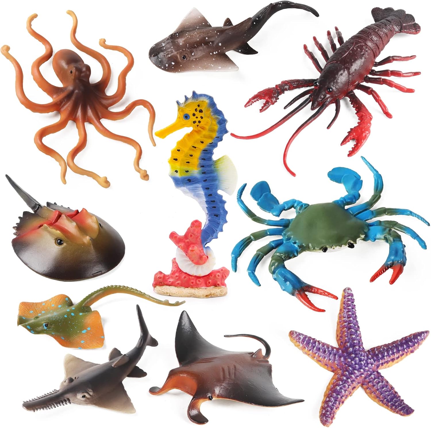 Ocean Sea Animals Toys Figures, 10Pcs Large Plastic Ocean Creature Figurines Seahorse Starfish Crab Lobster Octopus Devilfish Rays Shark for Kids Under the Sea Life Education Cake Decoration Bath Toy