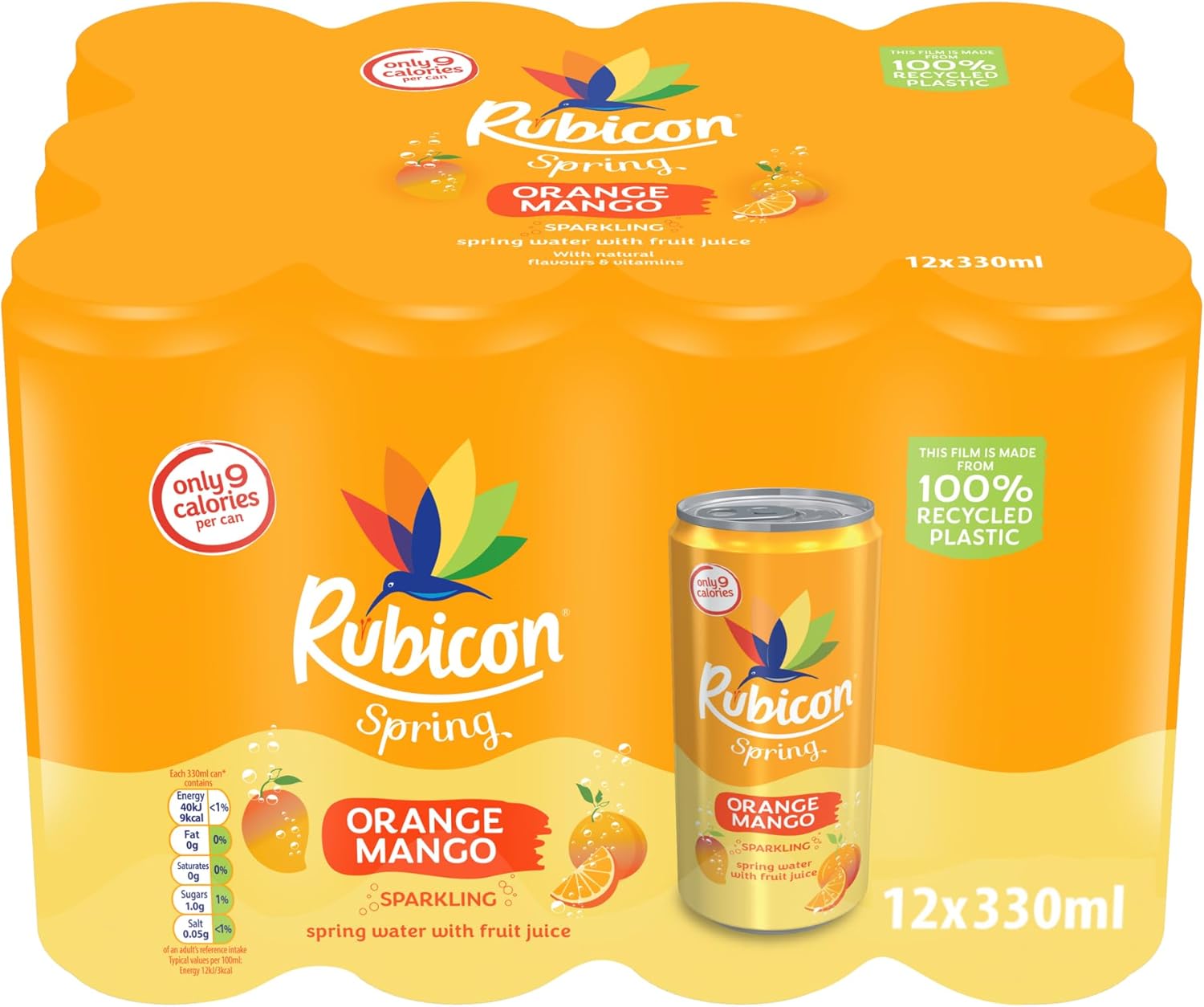 Rubicon Spring 12 Pack Orange Mango, Sparkling Spring Water with Real Fruit Juice & Natural Flavours, Only 9 Calories - 12 x 330ml Multipack Cans
