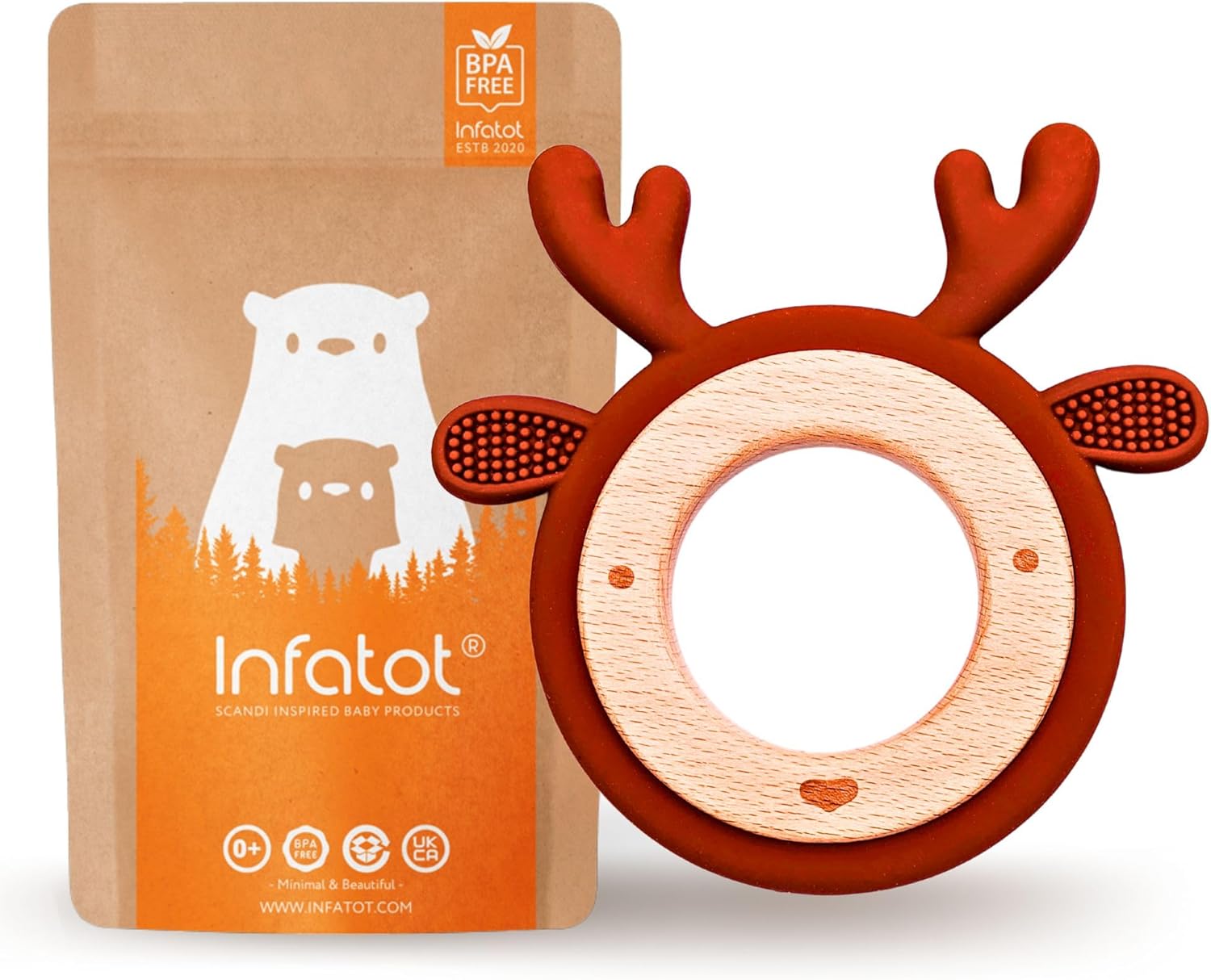 Infatot® Wooden Teething Toy for Babies – Christmas Reindeer – Natural Baby Teether Ring with Silicone Beads, Infant Toy 0-6 Months, Baby Essentials, Safe Chew Toy for Newborns & Infants – Brown