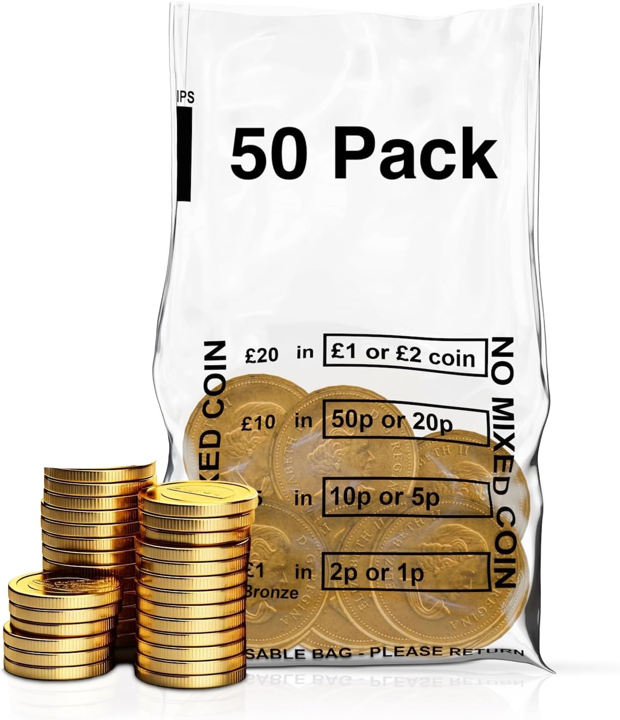 50 Pack - Coin Bags | Money Bank Bags | Clear Plastic No Mixed Coins Bank Bags | Banking Cash Retail No Mixed Coins Bags for Change Handling Shop Business Home Office