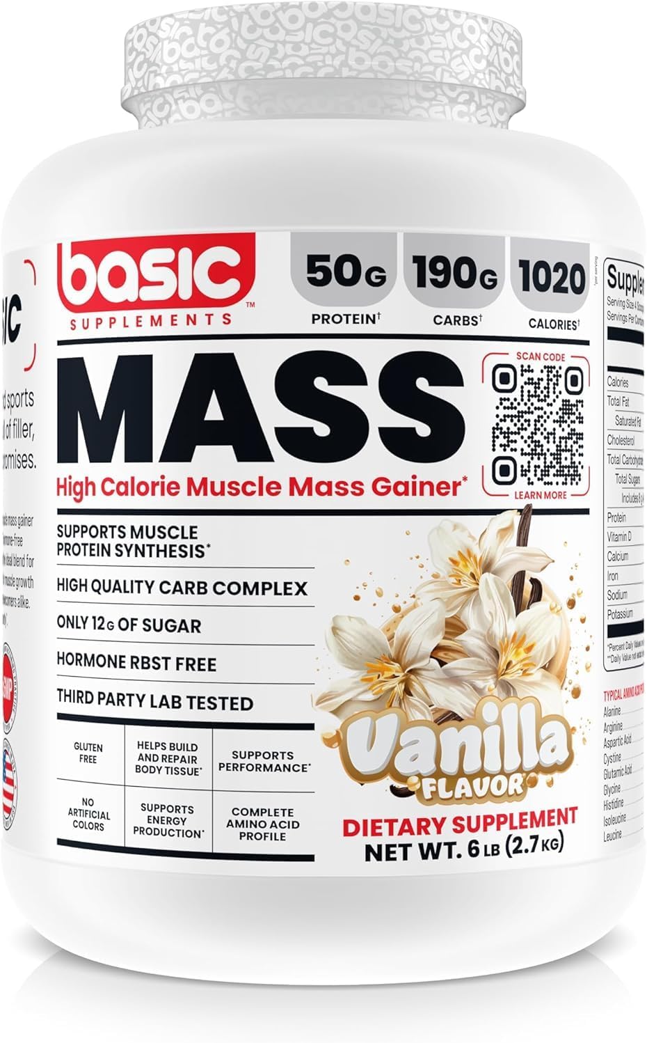 Mass Gainer Protein Powder, Supports Muscle Growth & Recovery, 50g Protein, 190g Carbs, 1030 Calories, Gluten-Free, RBST-Free, No Artificial Colors (6 Pound, Vanilla)