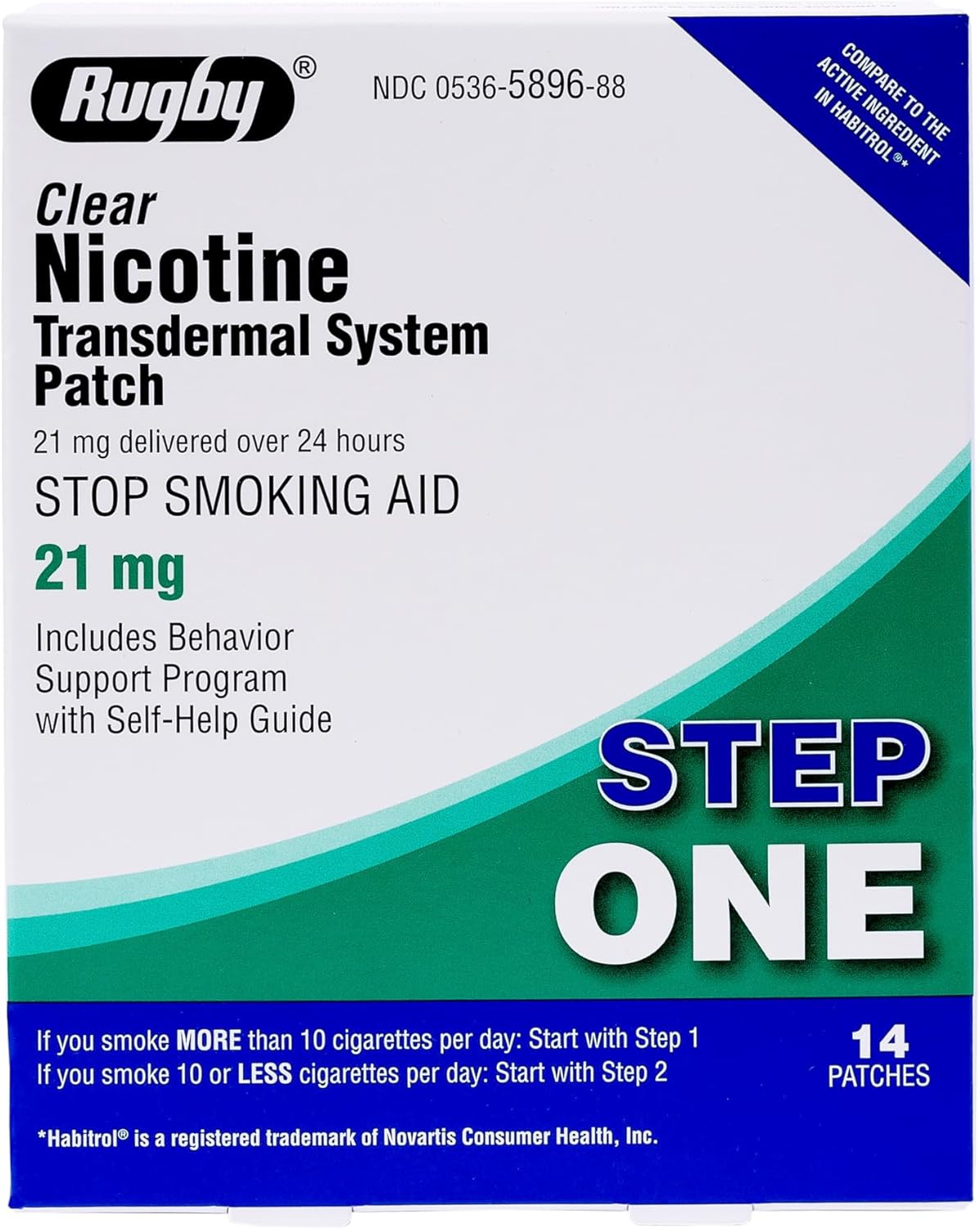 Rugby Clear Nicotine Patches - Transdermal System Patch - Smoking or Vaping Quitting Aid - Step 1-21mg - 14 Count (1 Pack)