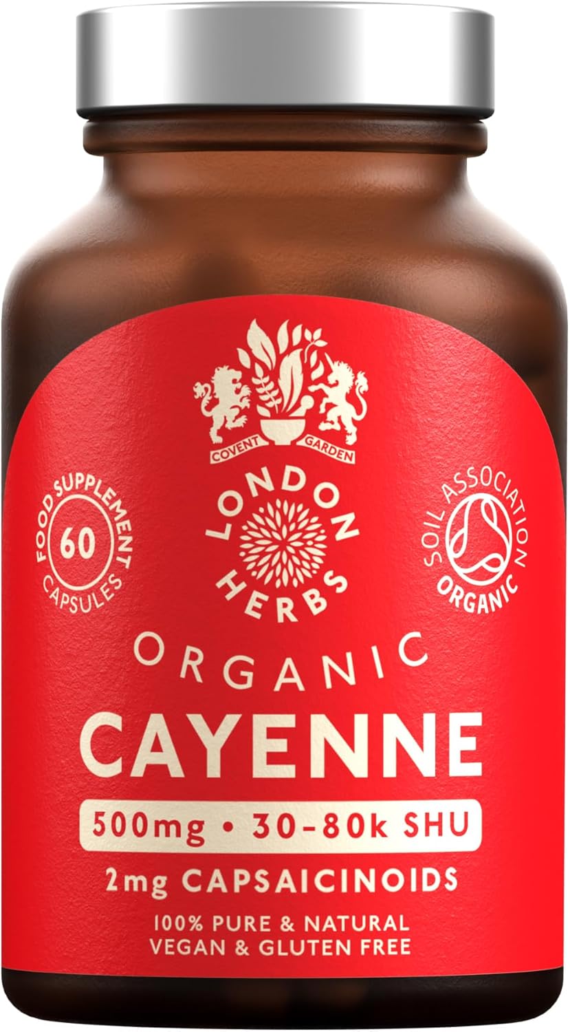 Organic Cayenne Pepper Capsules 500mg | 2mg Capsaicinoids Including Capsaicin | 60 Vegan Capsules with Zero Fillers or Synthetic Ingredients - 100% Pure & Natural Cayenne Powder