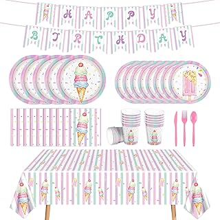 170pcs Ice Cream Party Supplies Ice Cream Birthday Paper Plates Napkins Tablecloth Banner Girls Disposable Tableware Set Cups Ice Cream Birthday Party Decorations Serves 24