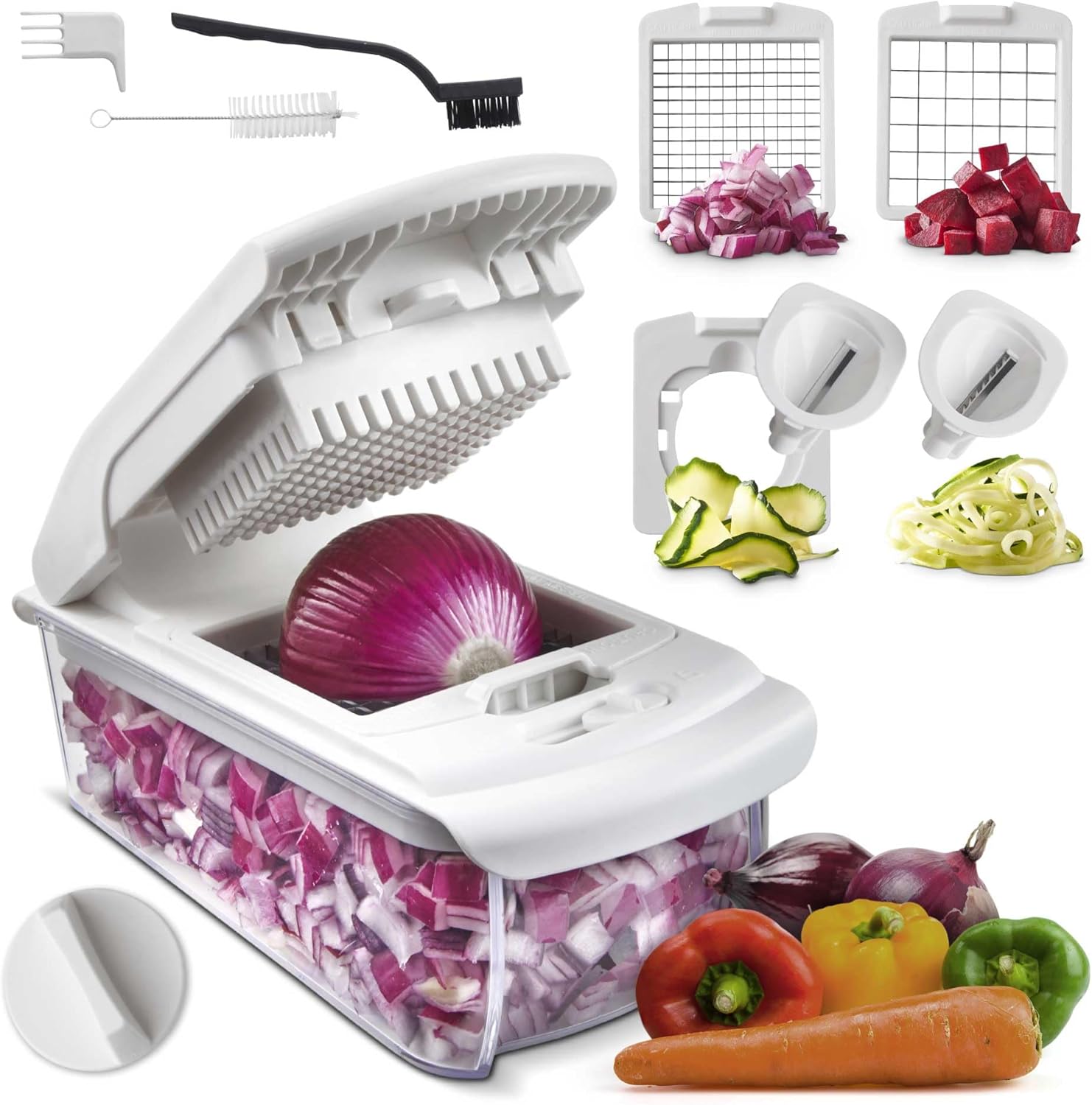 VonShef 4-in-1 Vegetable Chopper, Food Chopper Box with Medium & Fine Chopping Blades, Ribbon & Spiraliser Attachments, Non-Slip Base & Finger Guard, Perfect for Chopped Salads & Quick Meal Prep