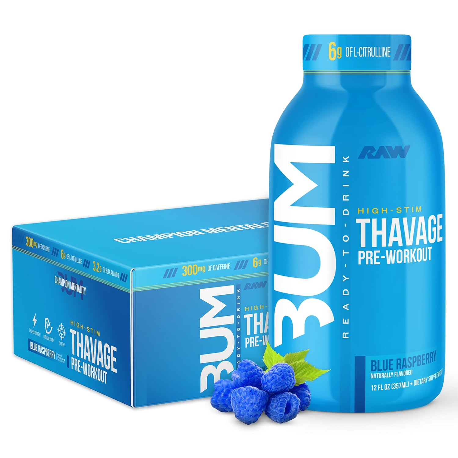 RAW Ready to Drink Pre-Workout Drink - BUM Thavage RTD Preworkout Shakes - Energy Supplement Drinks with Beta Alanine, L-Citrulline & Caffeine - Zero Sugar (12 Pack, Blue Raspberry)
