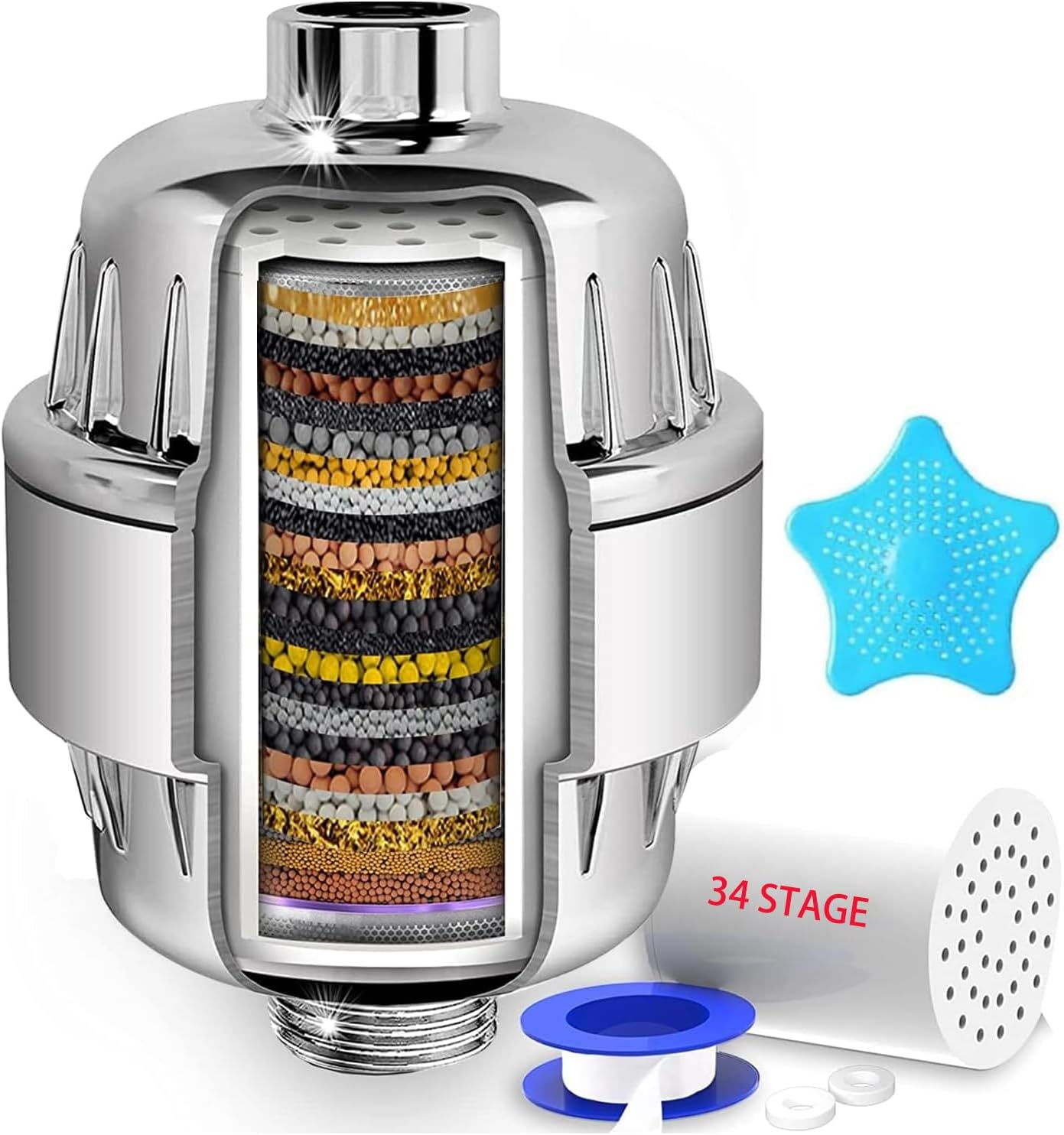 34 Stage Shower Filter with Vitamin C for Hard Water - Water Softener Shower Head Filter with Replaceable Multi-Stage Filter Cartridge to Remove Chlorine, Heavy Metal