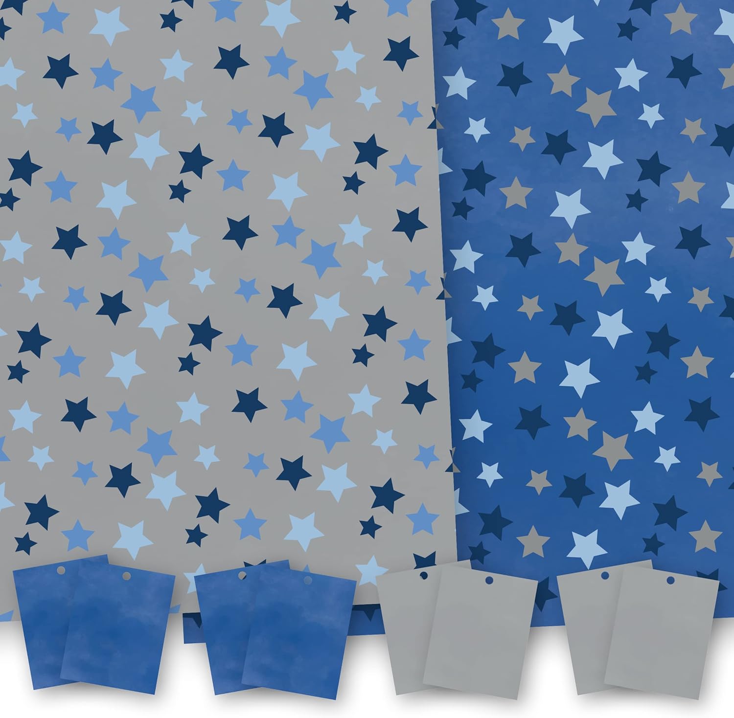 Mens Wrapping Paper. Blue & Silver Star Twin Design Pack. 8 XL Sheets (50 x 70cm), 4 of Each Design. Gift Wrap with Tags. Cutting Grid on Reverse. for Dad, Father, Husband, Brother, Son