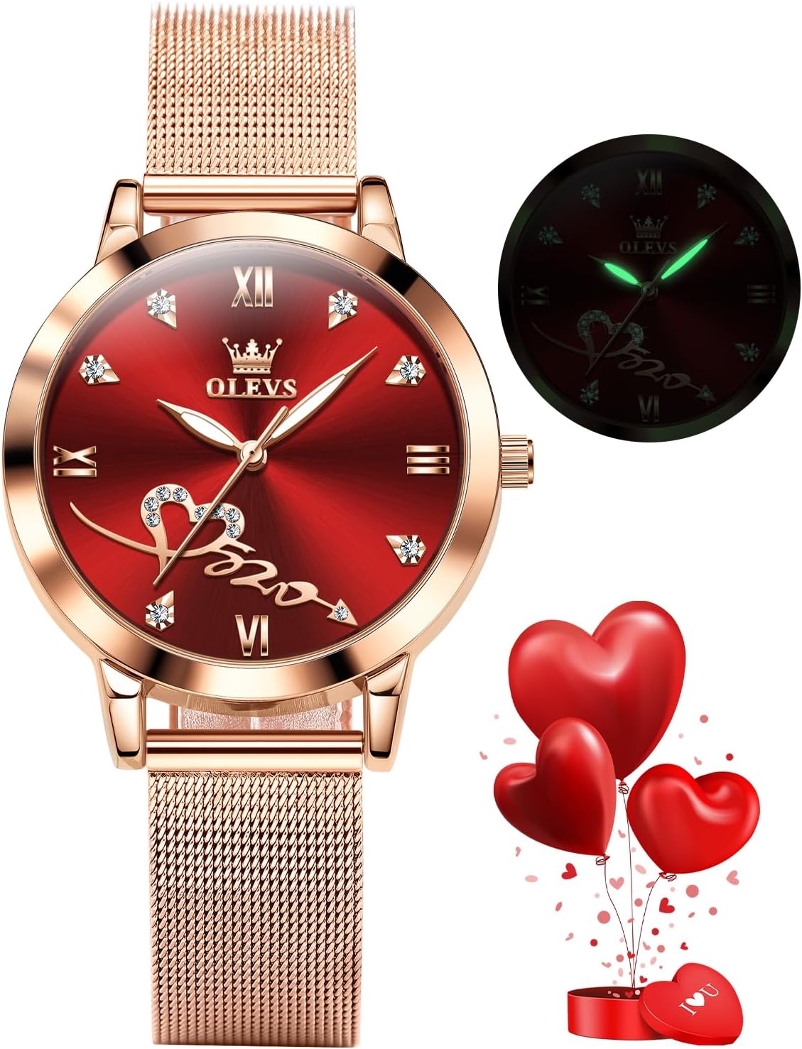 OLEVS Ladies Watch Japanese Quartz Rose Gold Stainless Steel Mesh Strap Diamond Luxury Dress Waterproof Luminous Bracelet Sets