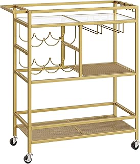 Bar Cart for Home, 3-Tier Serving Cart with Wheels and Handle, Beverage Cart with Wine Rack and Glass Holders, Rolling Wine Cart for Kitchen, Dining Room, Gold RCJ61B01