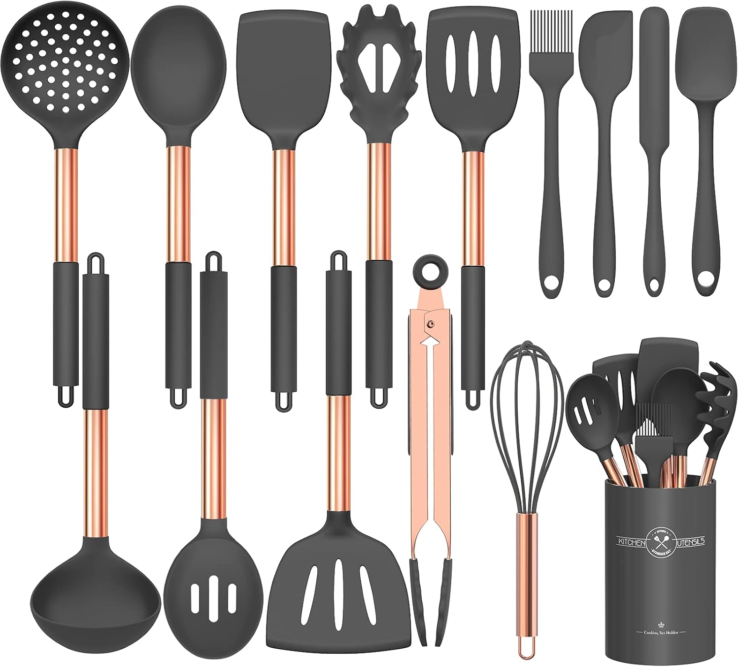 Umite Chef Silicone Cooking Utensil Set, 15pcs Non-stick Silicone Rose Gold Handle Cooking Tools - Grey
