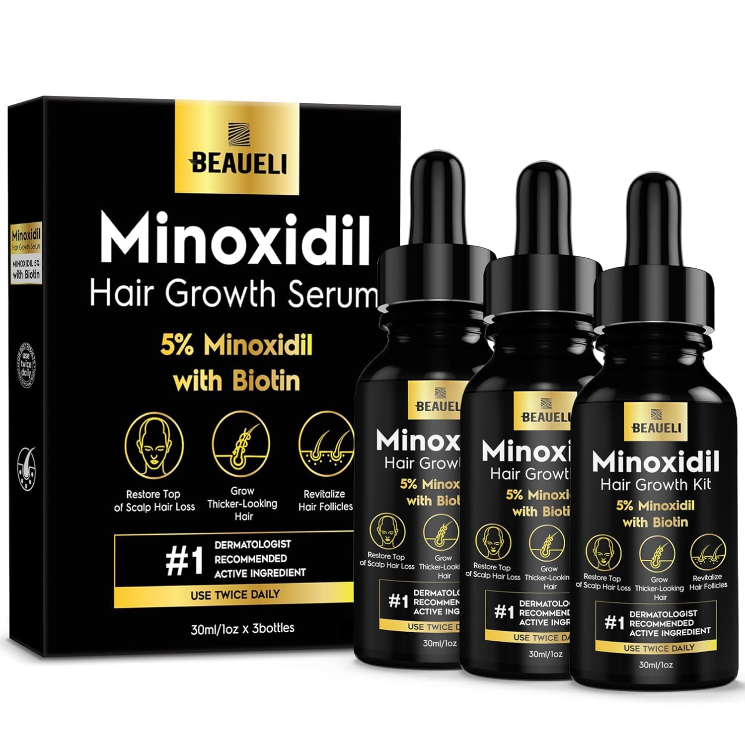 5% Minoxidil for Men & Women Hair Growth, Extra Strength Minoxidil Hair Loss Treatment Serum, 3 Bottles (3 Fl Oz Each), Unscented, Clear, Unisex Adult