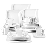 MALACASA Ivory White Dinnerware Sets, 30-Piece Porcelain Plates and Bowls Sets, Modern Dish Set for 6, Square Plates Dinnerware Set Kitchen Dishware Sets, Microwave and Dishwasher Safe, Series Flora