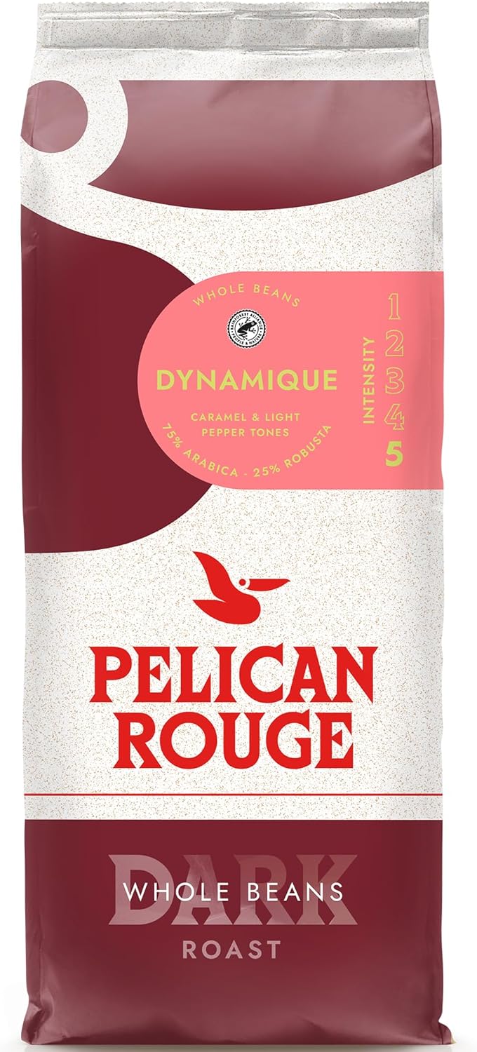 Pelican Rouge DYNAMIQUE Whole Dark Roasted Coffee Beans | 75 percent Arabica | Rainforest Alliance Certified | New 2023 blend | 1kg bag | Fully-recyclable packaging