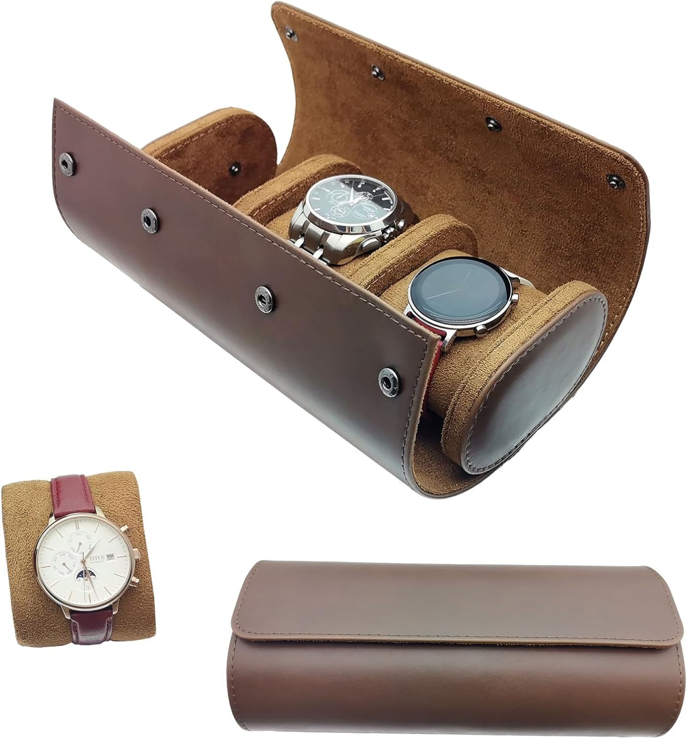 TourKing 3 Slots Watch Box for Men,Watch Roll Case,Retro PU Leather Watch Roll Box for Men,Watch Display Case with Detachable Pillow Watch Holder Organizer for Watch Jewelry Brown