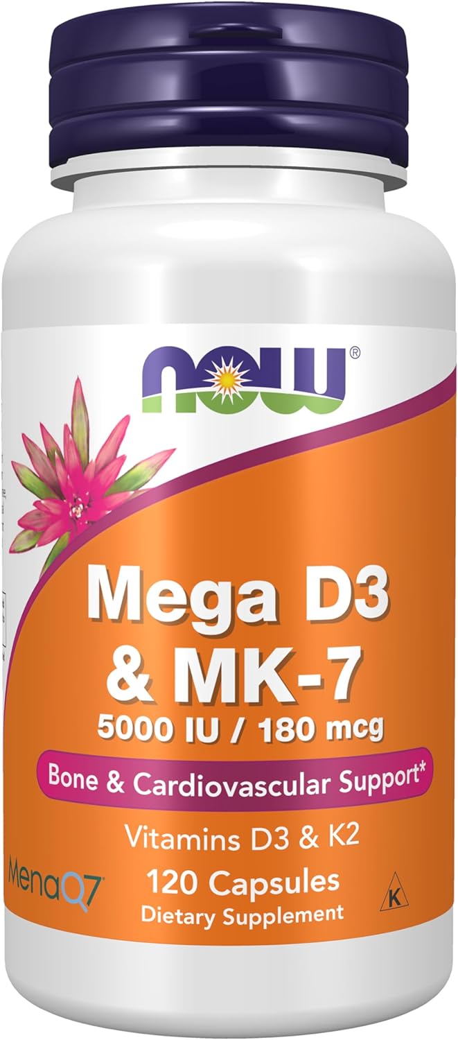 NOW Supplements, Mega D-3 & MK-7, 5000 IU / 180 mcg, Bone & Cardiovascular Support*, Vitamins K-3 & K-2, 120 Capsules