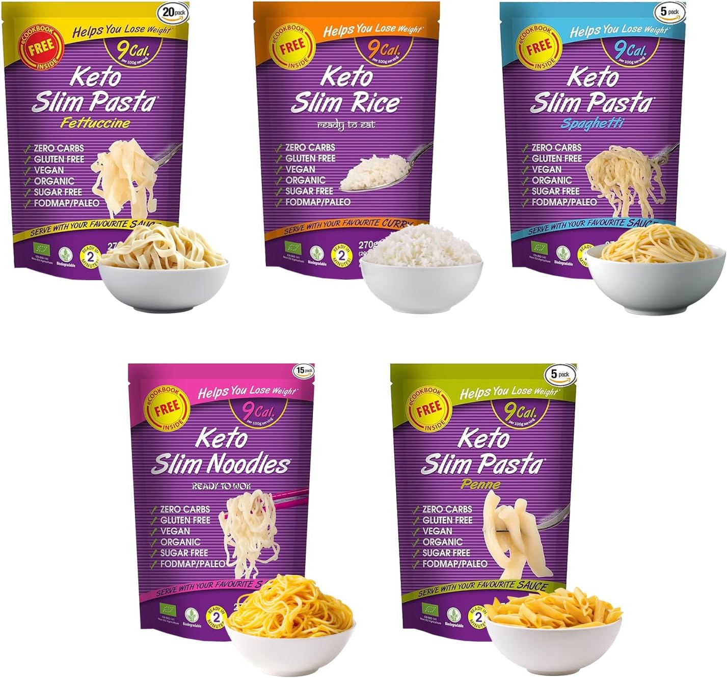 Eat Water Keto Slim Pasta, Noodles & Rice Variety Pack 270g (Pack of 5) – Organic Konjac Shirataki Food Mix, Low Calorie, Zero Carb, Gluten-Free, Fat-Free, Vegan, High Fibre Ready to Eat