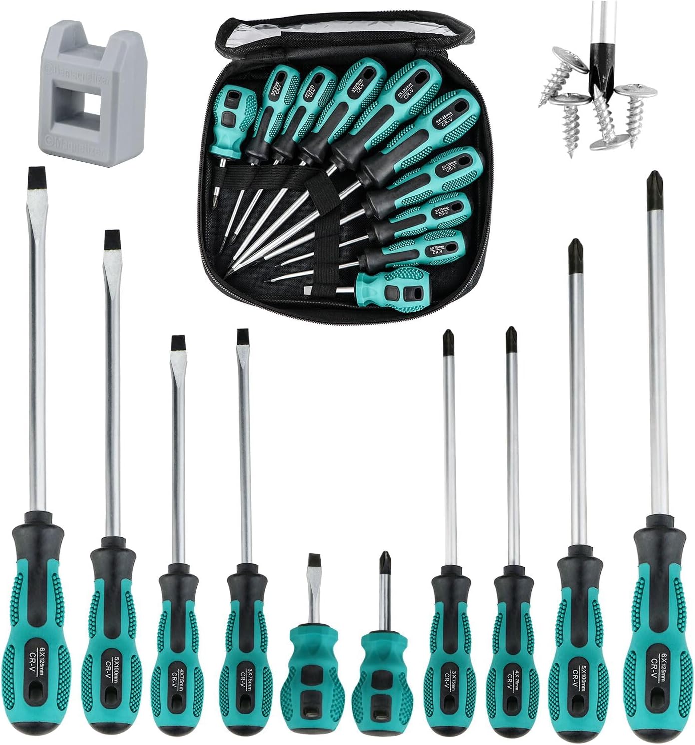 Screwdriver Set 10pcs, Magnetic Screwdriver Set 5pcs Phillips Screwdrivers and 5pcs Slotted/Flat Head Screwdrivers, Chrome Vanadium Steel Made