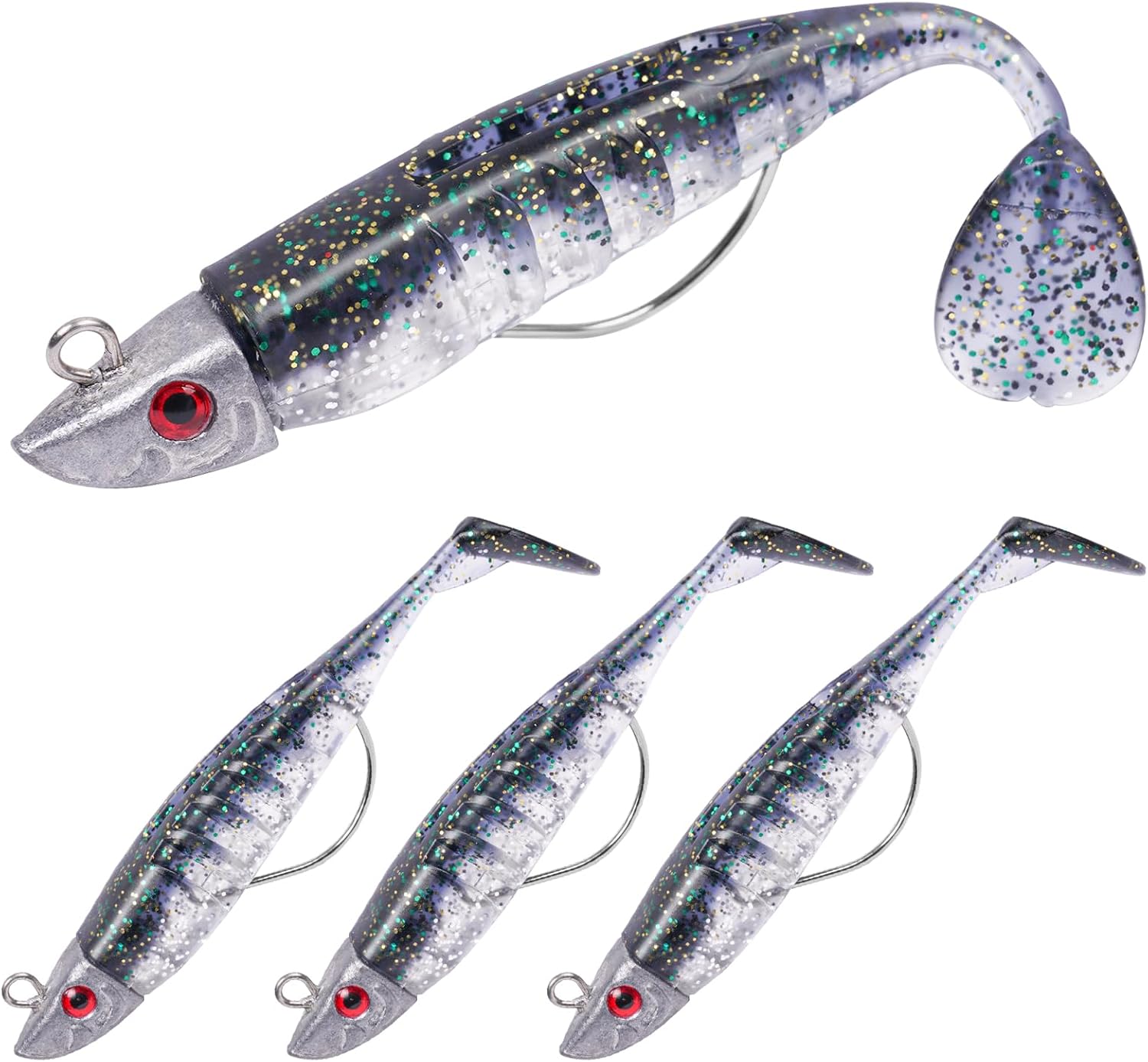 HOTUT 3D Eyes Paddle Tail Soft Fishing Lure, 3/5/10 Pcs Pre-Rigged With Sharp Single Hook, T Tail Artificial Bait for Sea Bass Pike Trout Perch
