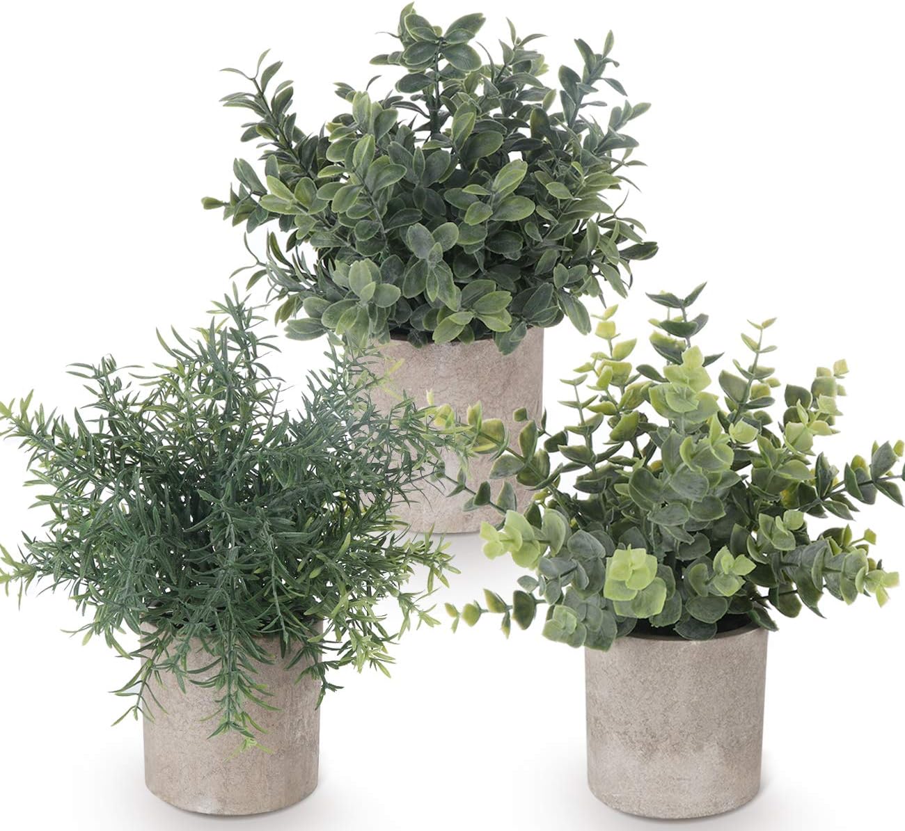 ilauke Set of 3 Mini Potted Artificial Plants Plastic Eucalyptus Plants Faux Rosemary Plants for Home Garden Office Desk Shower Room Decoration
