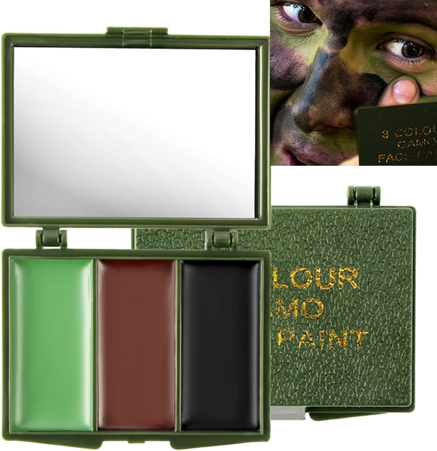 3 Color Camo Face Paint, Eye Body Face Camo Paint, Colors Palette Waterproof Long-lasting Face Camouflage Oil Makeup for Hunting Sports Baseball Game Cosplay Costume Party (Brown, Black, Green)