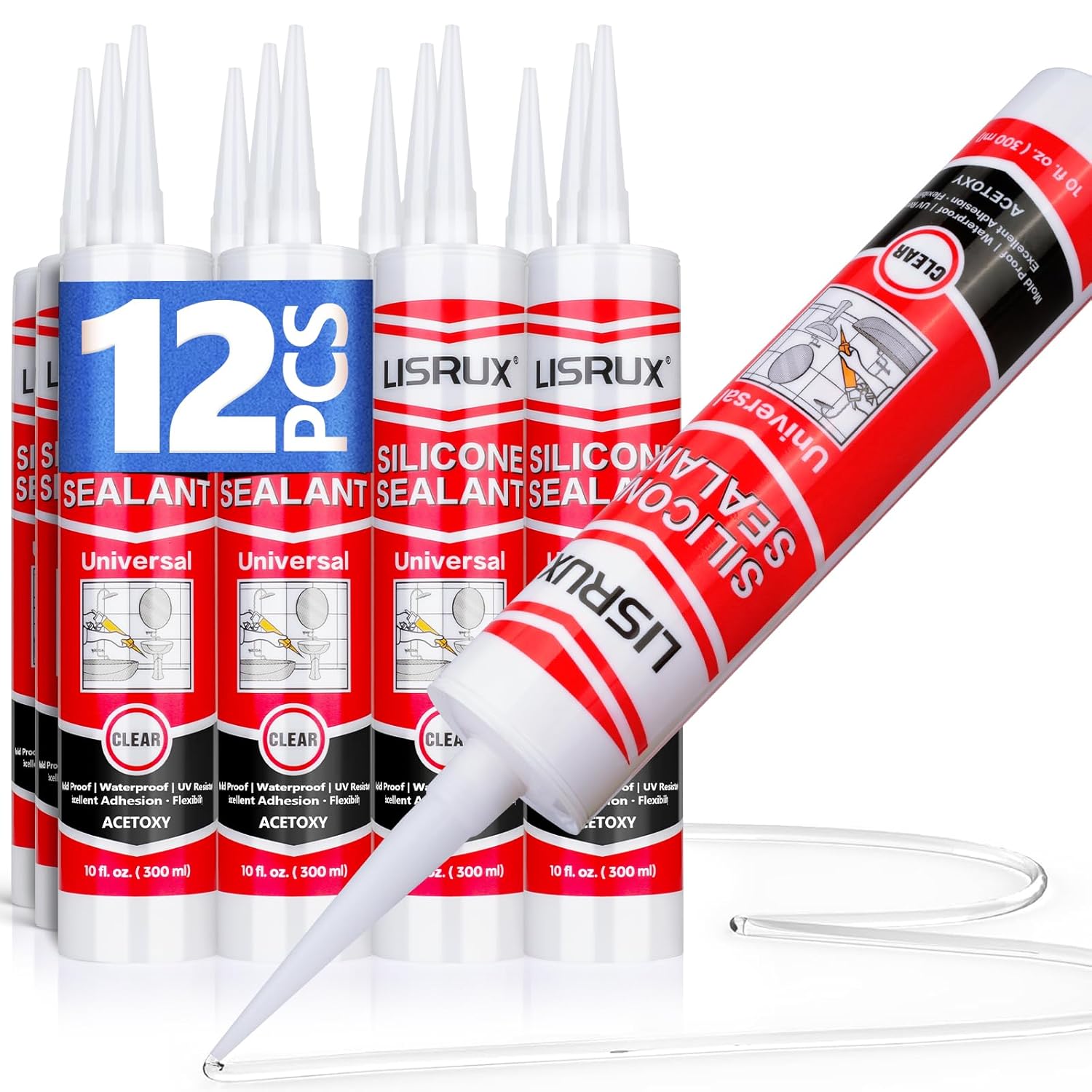 Clear Silicone Caulk & Sealant, 10Oz Cartridge, 100% Waterproof RTV Silicone Sealant for Kitchen and Bathroom, Shower, Toilet, Sink, Window and Door, Shrink & Crack Proof, 12 Pack