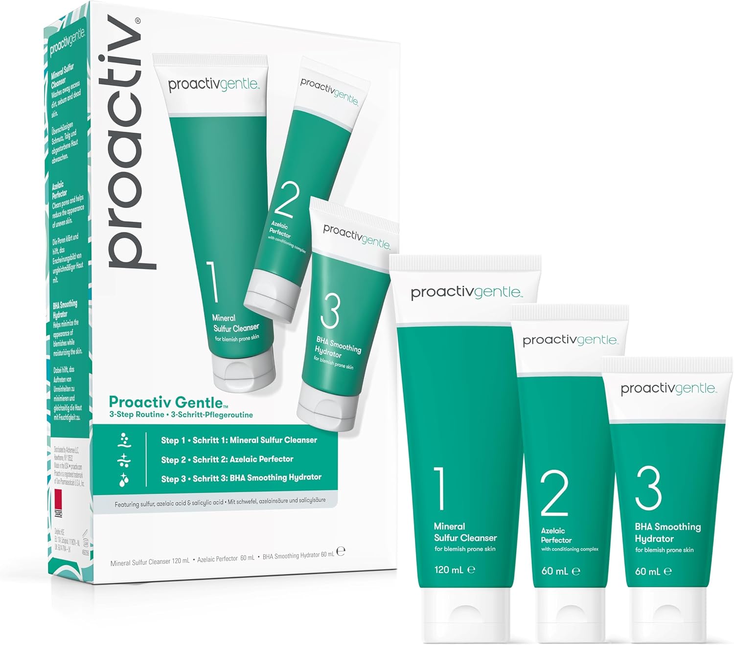 Proactiv Gentle 60 Day Facial Cleanser 3-Step Routine, 1 x Mineral Sulfur Cleanser 120 ml, 1 x Azelaic Pore Perfector 60 ml, 1 x BHA Smoothing Hydrator 60 ml (Pack of 1)