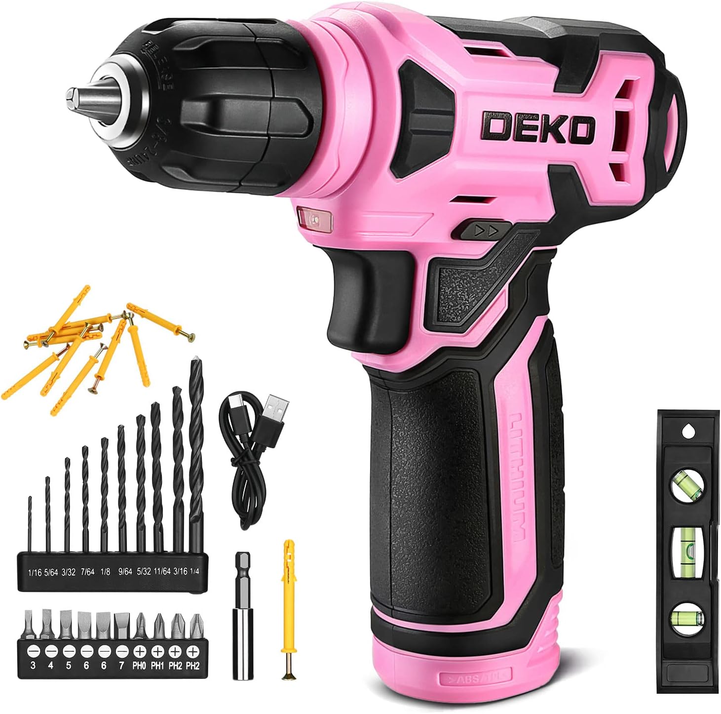DEKOPRO 8V Cordless Drill, Drill Set with 3/8"Keyless Chuck, 42pcs Acessories, Built-in LED, Type-C Charge Cable, Pink Power Drills for Drilling and Tightening/Loosening Screws
