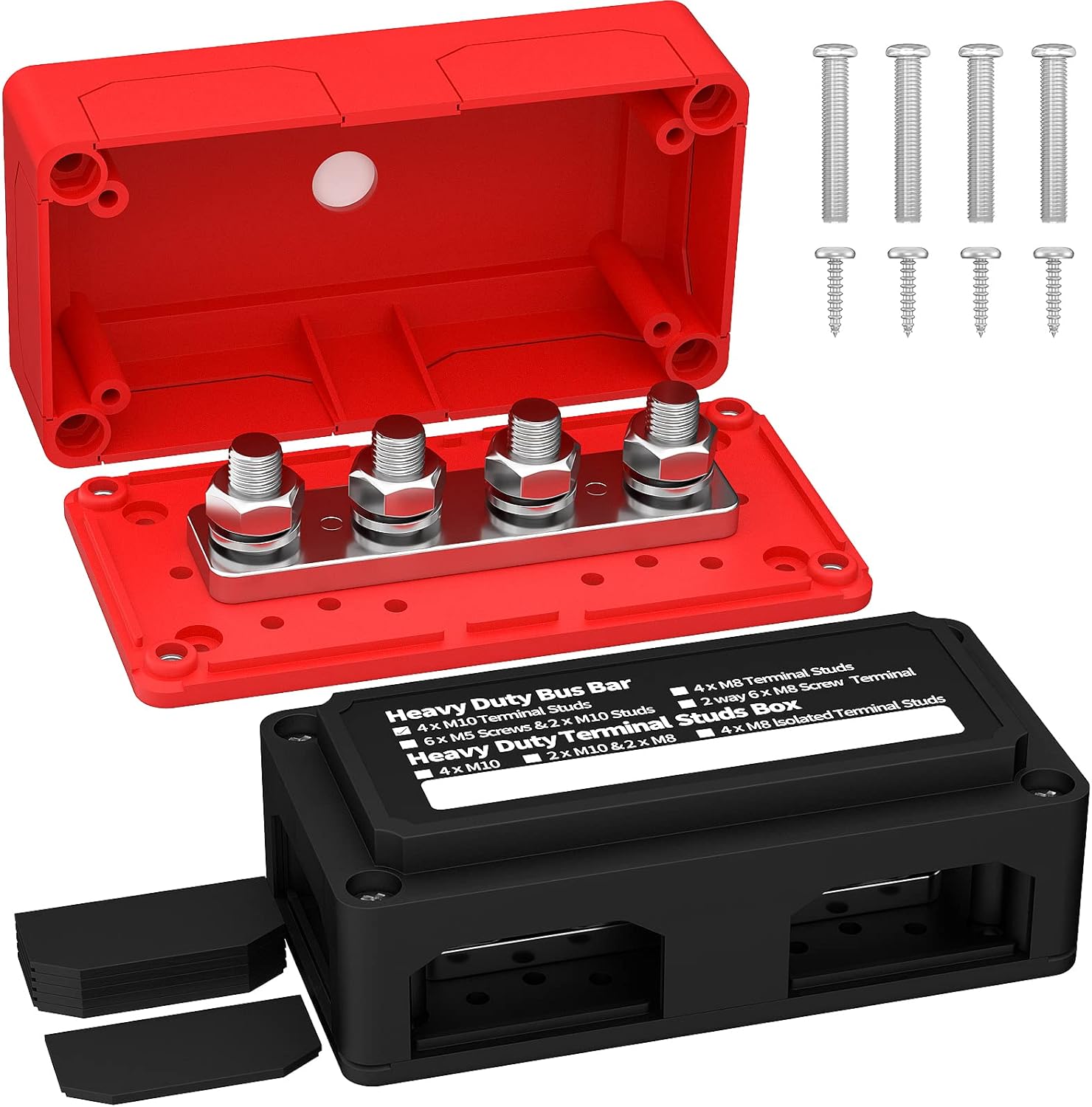 Joinfworld 300A Bus Bar 12V DC Waterproof Power Distribution Block with 4 x 3/8" Studs, Heavy Duty Marine Battery Bus Bar Terminal Block 12 Volt for Automotive, Car, Solar Wiring - Positive&Negative