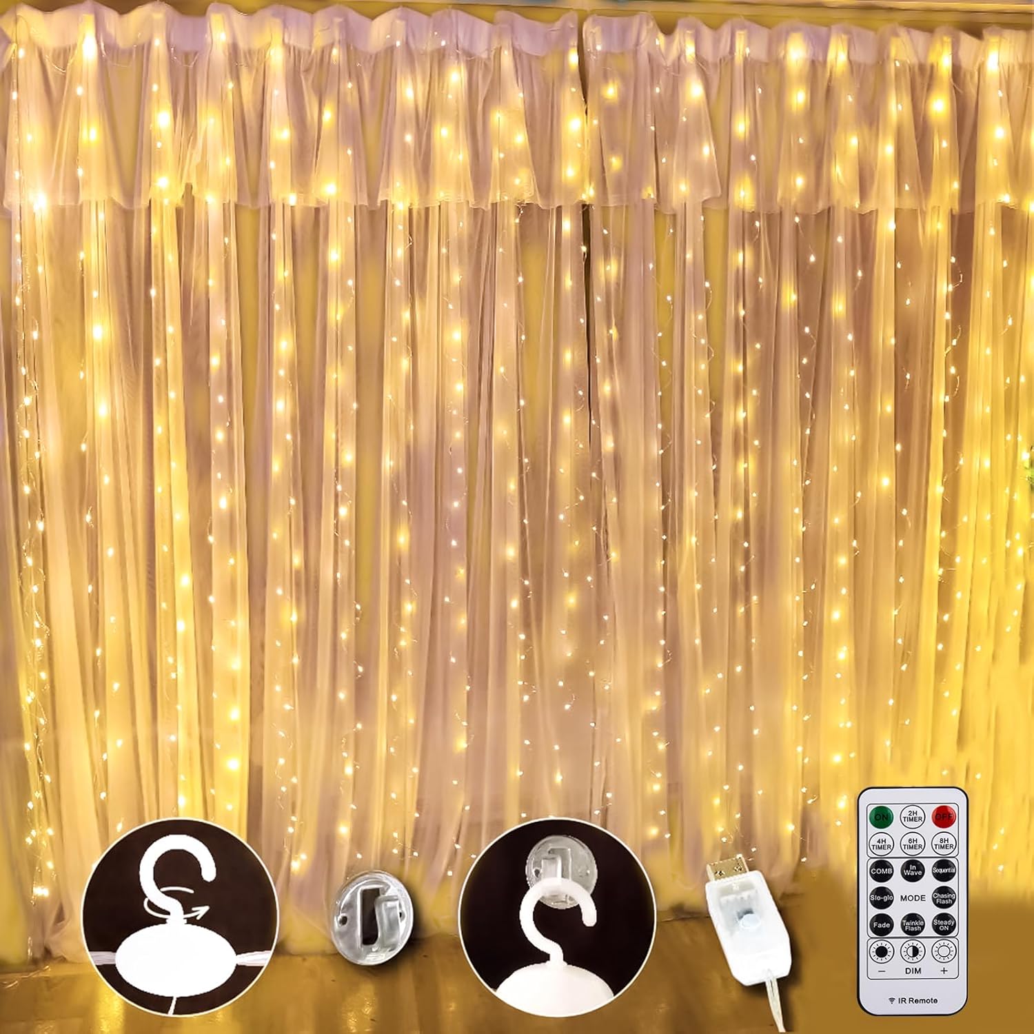 White Curtain Light for Bedroom, 300 LED 9.8ft x 9.8ft Window Fairy Curtain String Light with 16 Hooks, 8 Models Remote Control for Wedding Party Home Garden Indoor Decorations