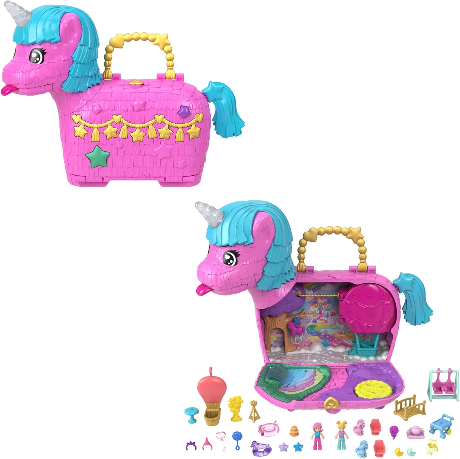 Polly Pocket Dolls & Playset with Pets & 25+ Surprise Accessories, Birthday Celebration Unicorn Partyland Playset, Hot Air Balloon Ride, HYD96