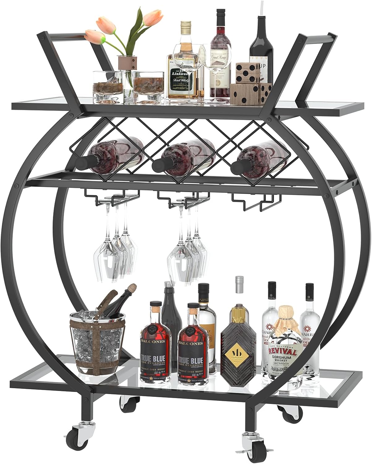Black Glass Bar Carts 2 Tiers Rolling Home Serving Cart with Wine Rack and Wheels,Modern Metal Round Wine Cart with Glass,Industrial Mobile Storage Kitchen Trolley for Kitchen, Bar, Living Room