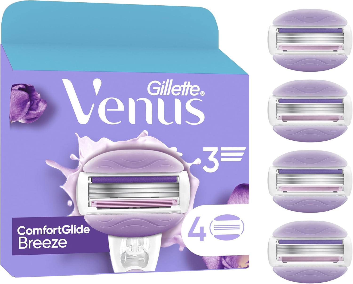 Gillette Venus Comfortglide Breeze Women's Razor Blade Refills, Pack of 4, 3 built-in blades for a smooth, close shave that lasts