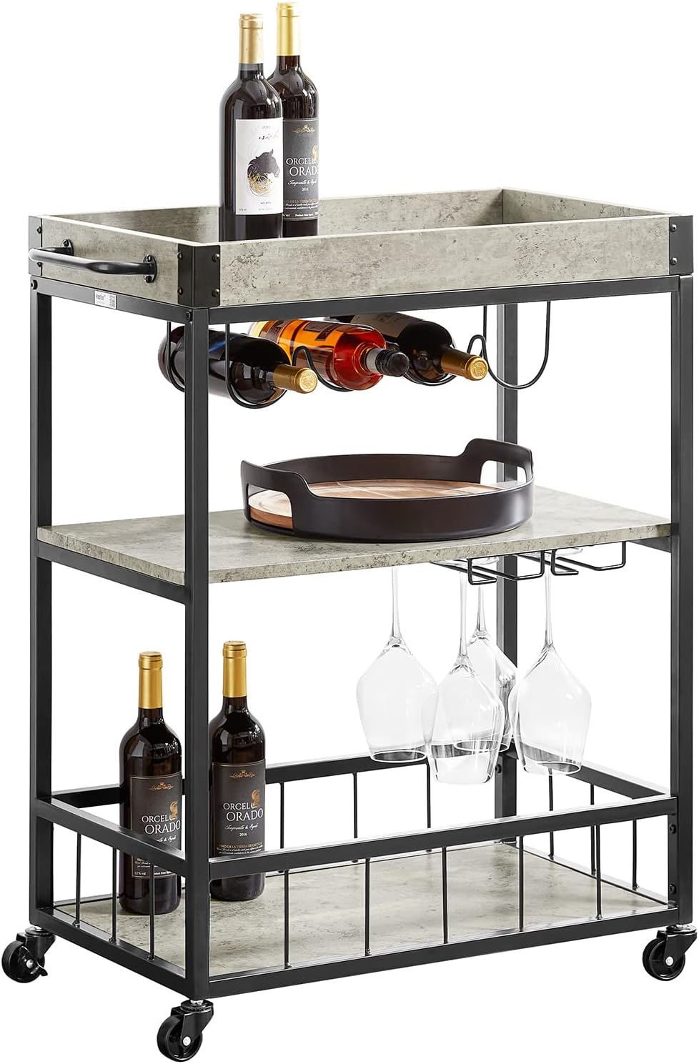 SoBuy Modern Design 3 Tiers Kitchen Trolley Serving Trolley with Wine Rack Metal & MDF FKW56-HG