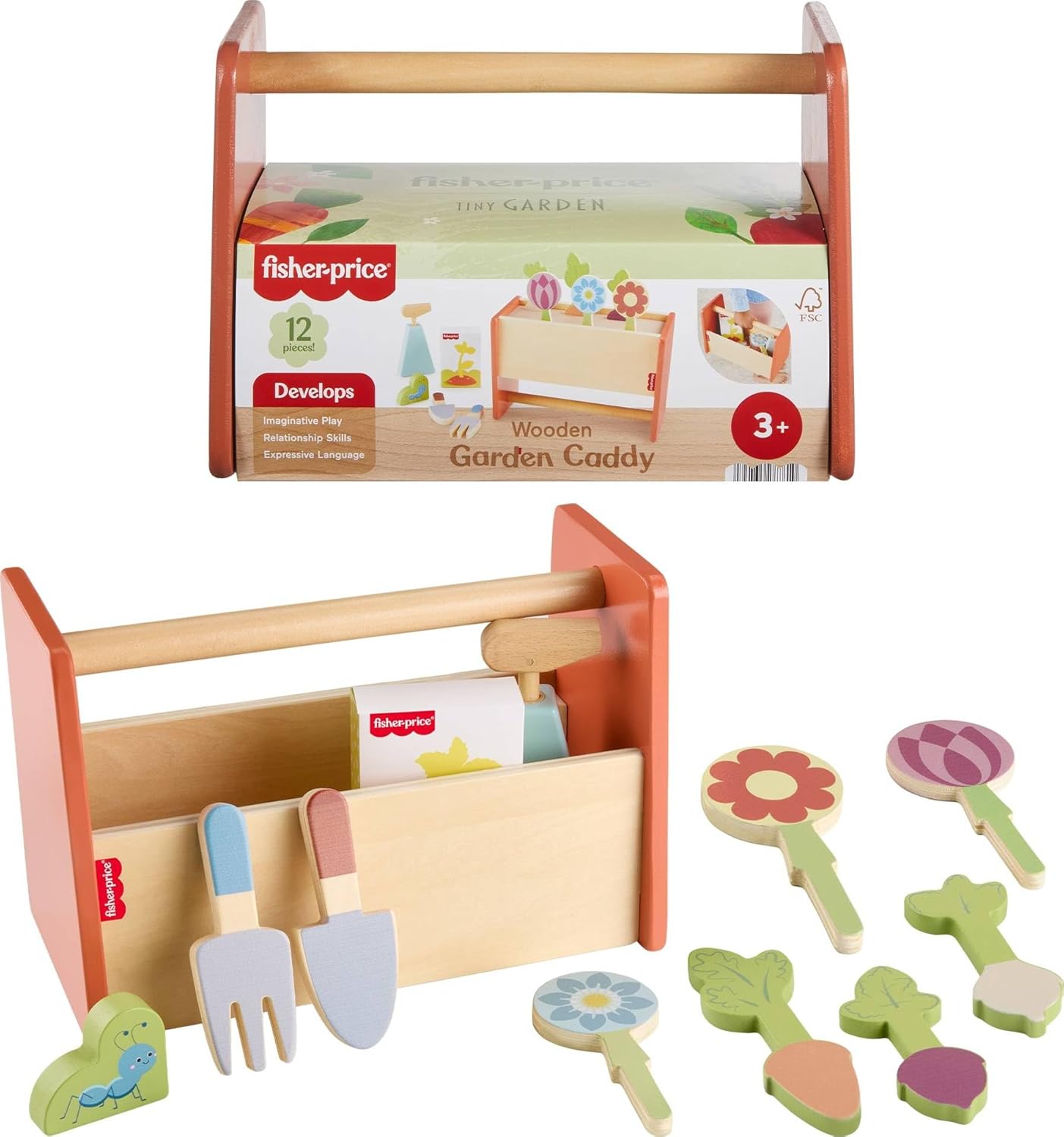 Fisher-Price Wood Pretend Play Toy Tiny Garden Caddy, 12-Piece Set with Wooden Tools & Plants for Preschool Kids Ages 3+ Years (Amazon Exclusive)