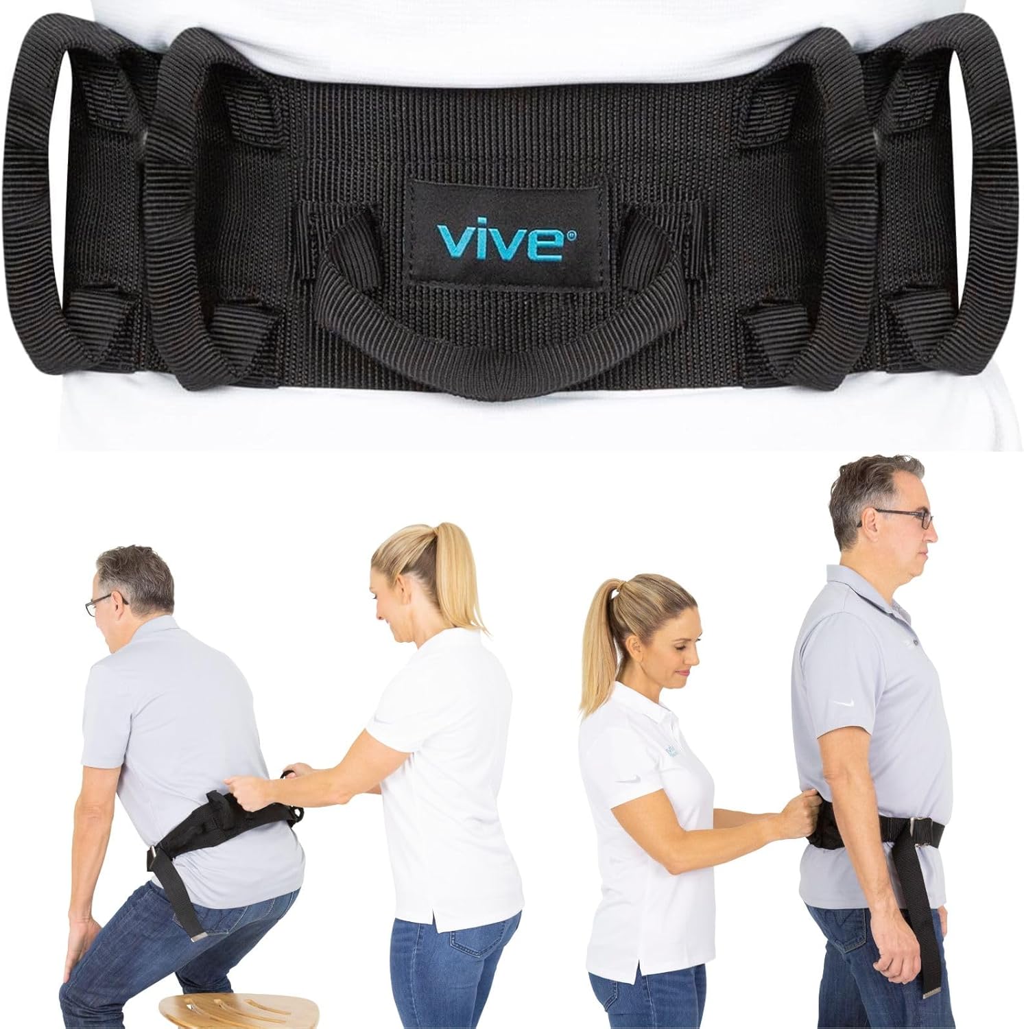 Vive Gait Belt (300lbs) Transfer Belt with Handles - Medical Nursing Safety Patient Assist - Bariatric, Elderly, Handicap, Physical Therapy - PT Gate Strap Quick Release Metal Buckle, Grabbing Teeth
