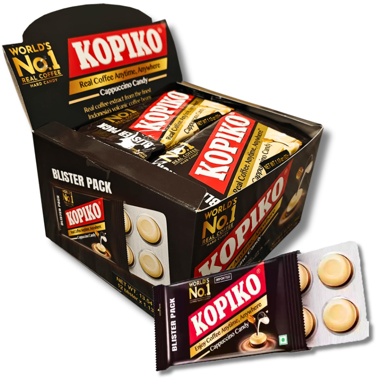 Kopiko Cappuccino Candy Blister Pack Bulk Box - World's No. 1 Real Coffee Hard Candy - Real Coffee Anytime, Anywhere (Pack of 12, 1.13oz each)