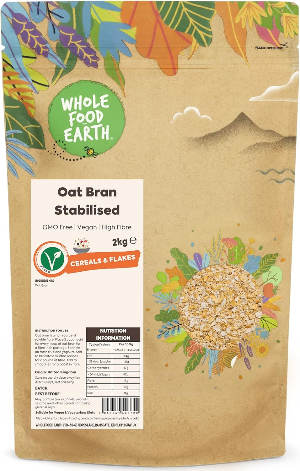 Wholefood Earth Oat Bran Stabilised - 2kg - High Fibre