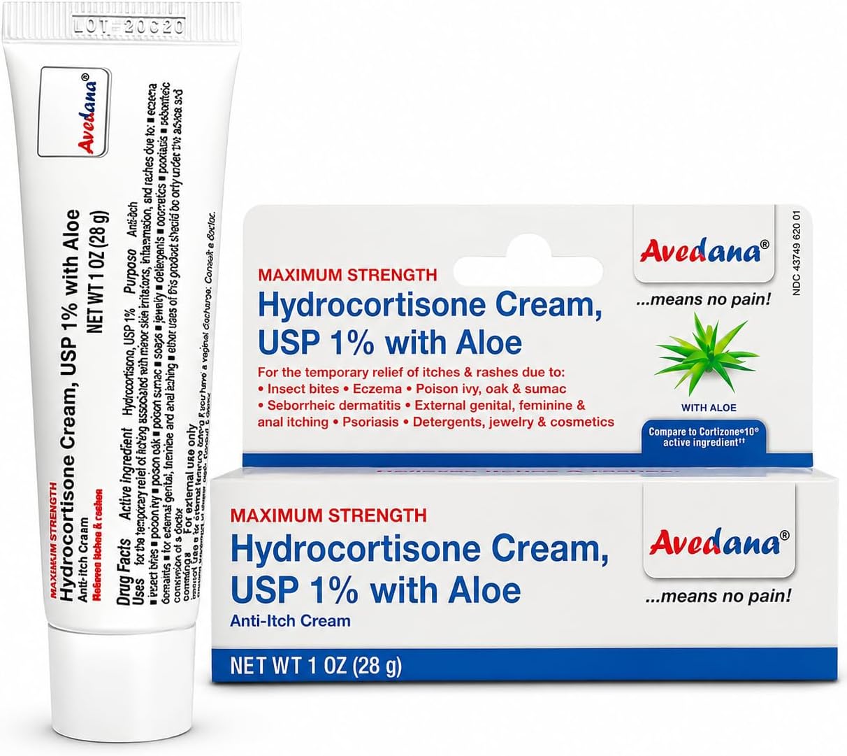 Avedana Hydrocortisone Cream 1% USP Maximum Strength Anti-Itch Cream with Aloe Vera, Fast Relief for Eczema, Dermatitis, Poison Ivy, Poison Oak, Rashes & Bug Bites, 1 Oz