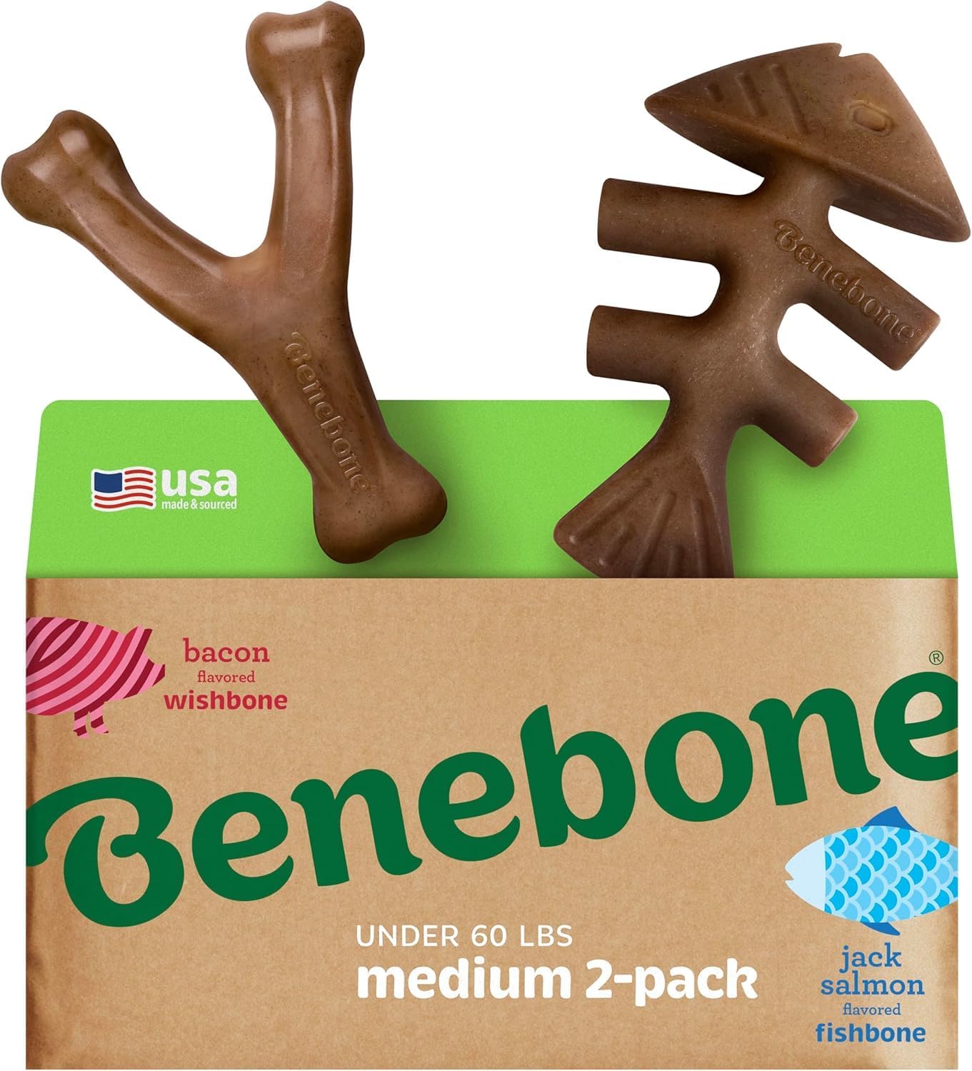 Benebone 2-Pack Indestructible Fishbone/Wishbone Dog Chew Toys, Long Lasting Tough Boredom Breaker for Dogs, Real Salmon and Real Bacon Flavour, For Medium Dogs, Made in USA