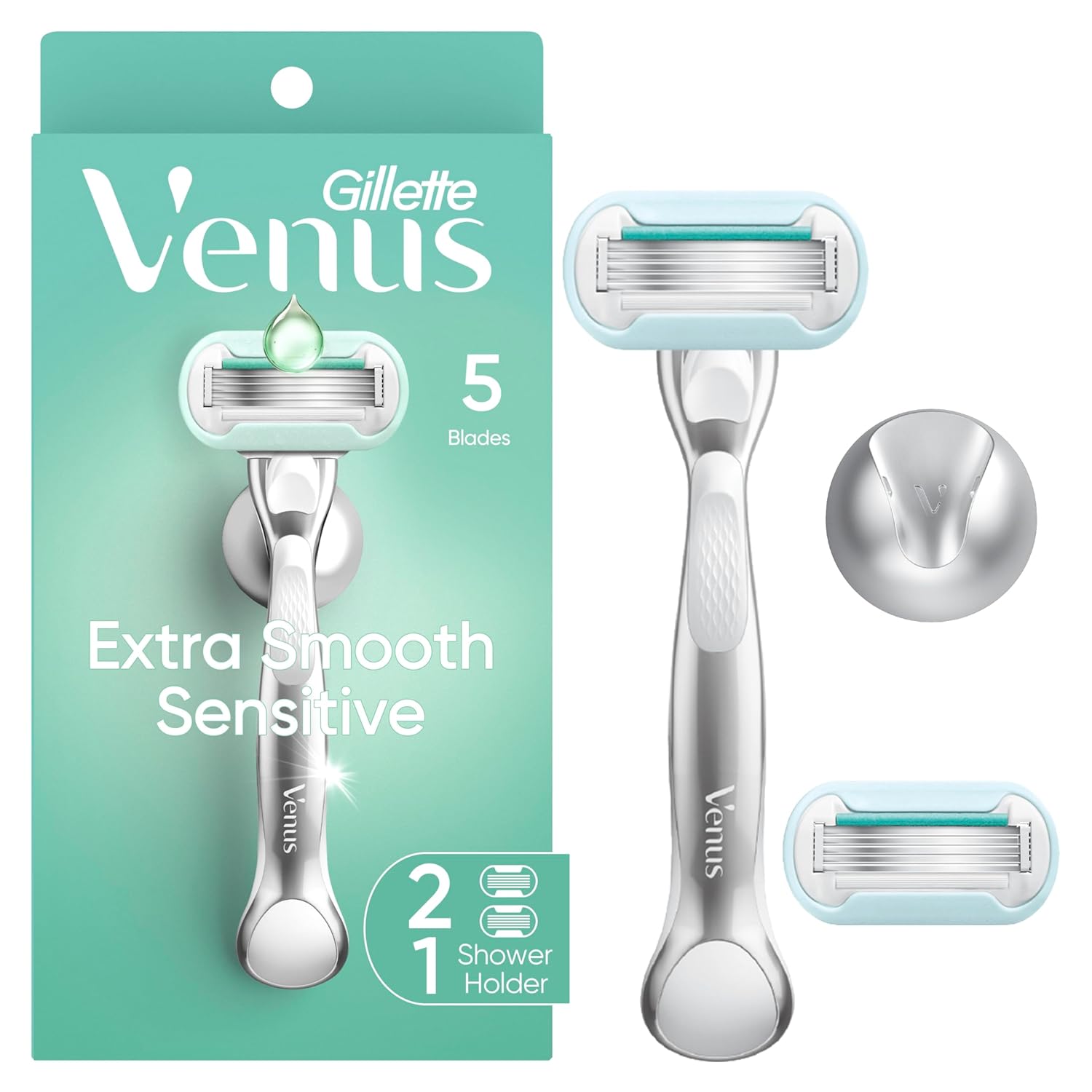 Gillette Venus Extra Smooth Sensitive Razor for Women, Includes 1 Reusable Razor Handle + 2 Refills, for Sensitive Skin with Metal Handle and Shower Holder