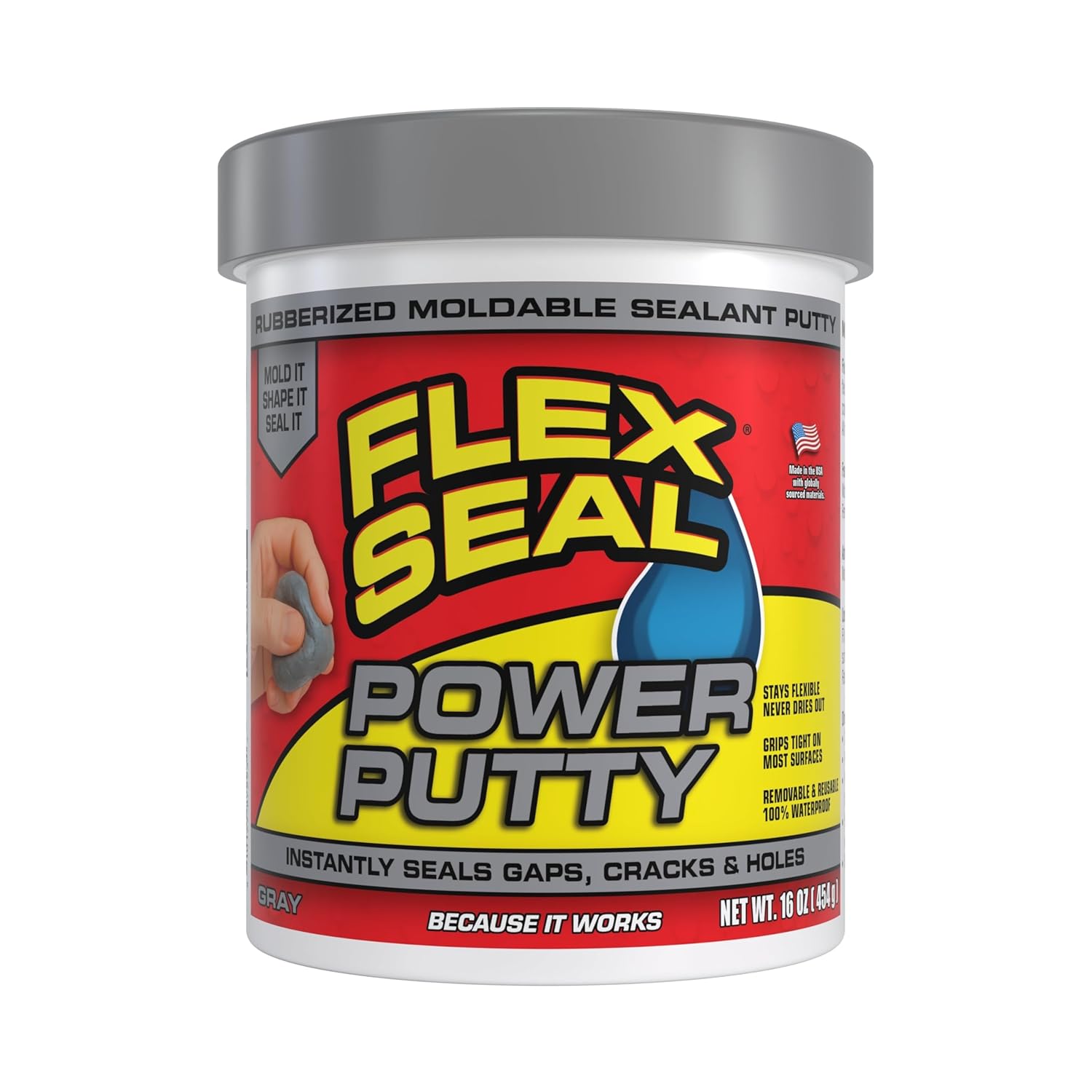 Flex Seal Power Putty, Moldable Waterproof Rubberized Sealant, Instantly Fills Gaps, Cracks, or Holes, Removable Reusable, Works Underwater, Pipes, Marine, Auto, RV, Metal, Plastic, Wood, Gray 16 oz
