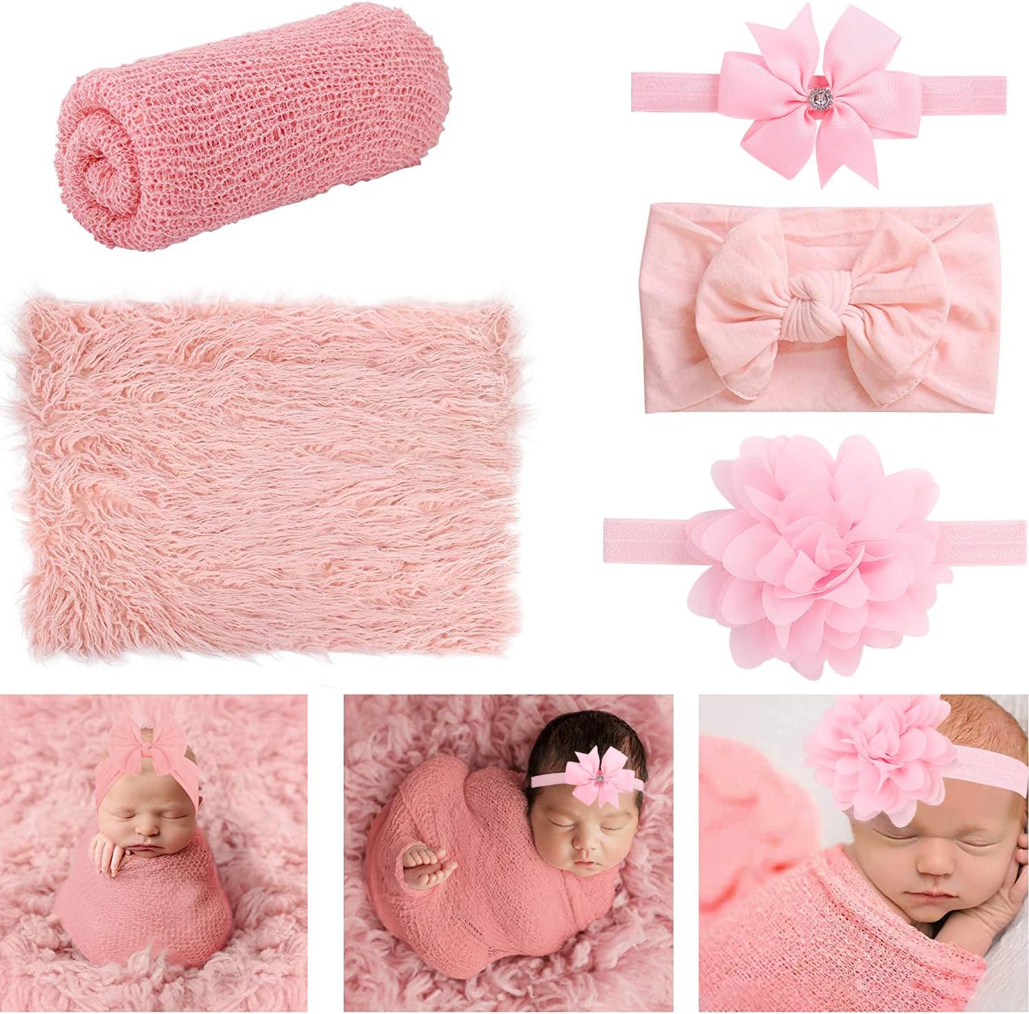 AOKE Newborn Photography Props, 5 PCS Baby Photo Props Long Ripple Wraps with Headbands, Pink Baby Photography Wrap Set for Baby Girl and Boy