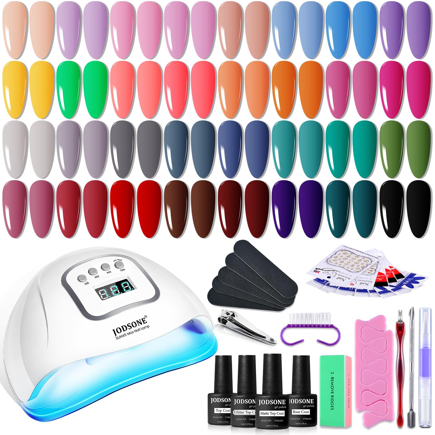 JODSONE Gel Nail Polish Kit with U V Light 32 Color Soak Off Base&Top Glitter Coat Gel Polish for DIY Manicure Lovers