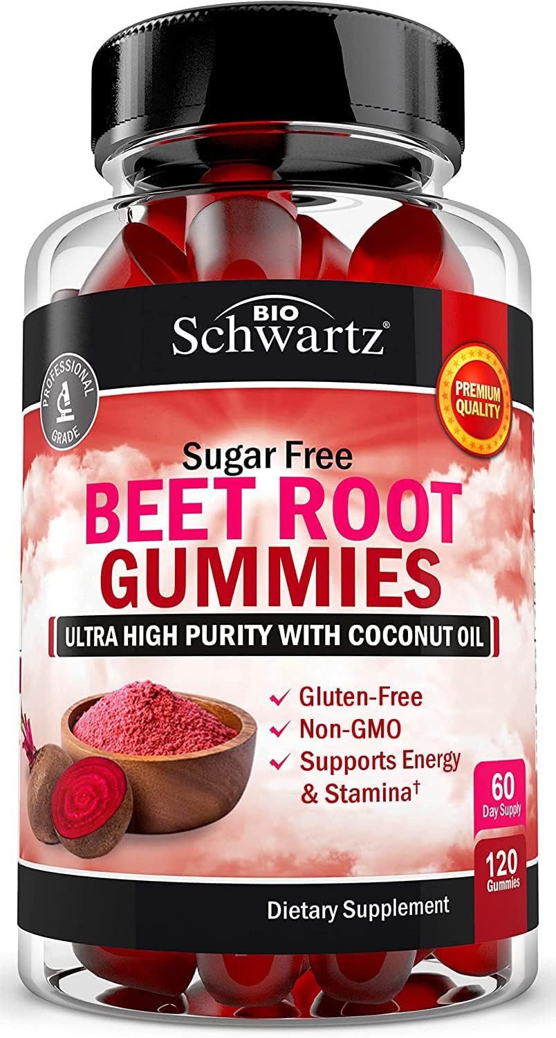 Sugar Free Beet Root Gummies - Nitric Oxide Beet Chews Infused with Coconut Oil for Highest Absorption - Supports Energy & Whole Body Health - Delicious Strawberry Flavor - 120 Count (60 Day Supply)