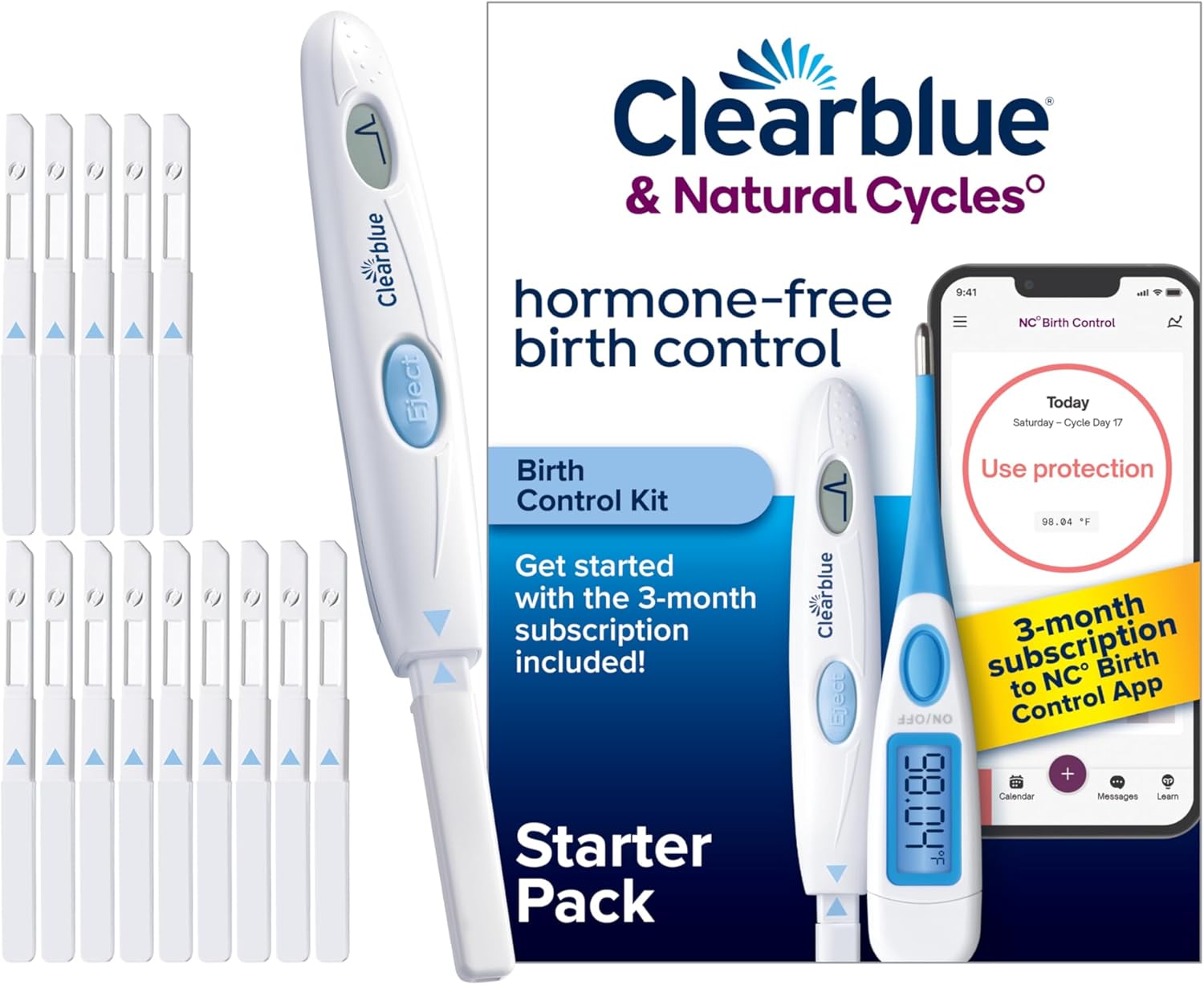Clearblue & Natural Cycles Hormone-Free Birth Control Kit Starter Pack, 3 Month Subscription to The Natural Cycles app, 15 Digital Ovulation Tests, 1 Digital Basal Thermometer