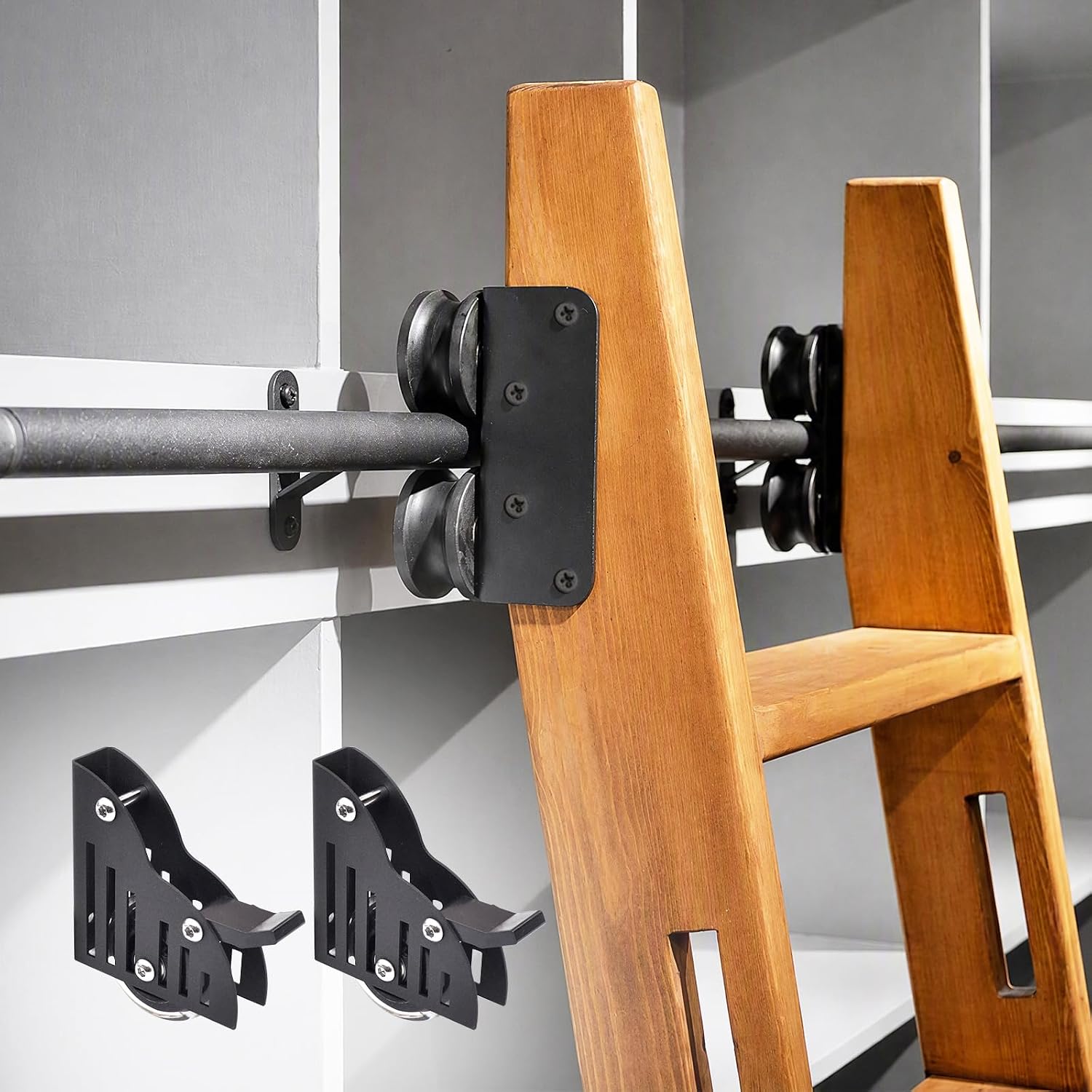 DIYHD 12FT Black Sliding Library Ladder Hardware Kit with Dual Wheels